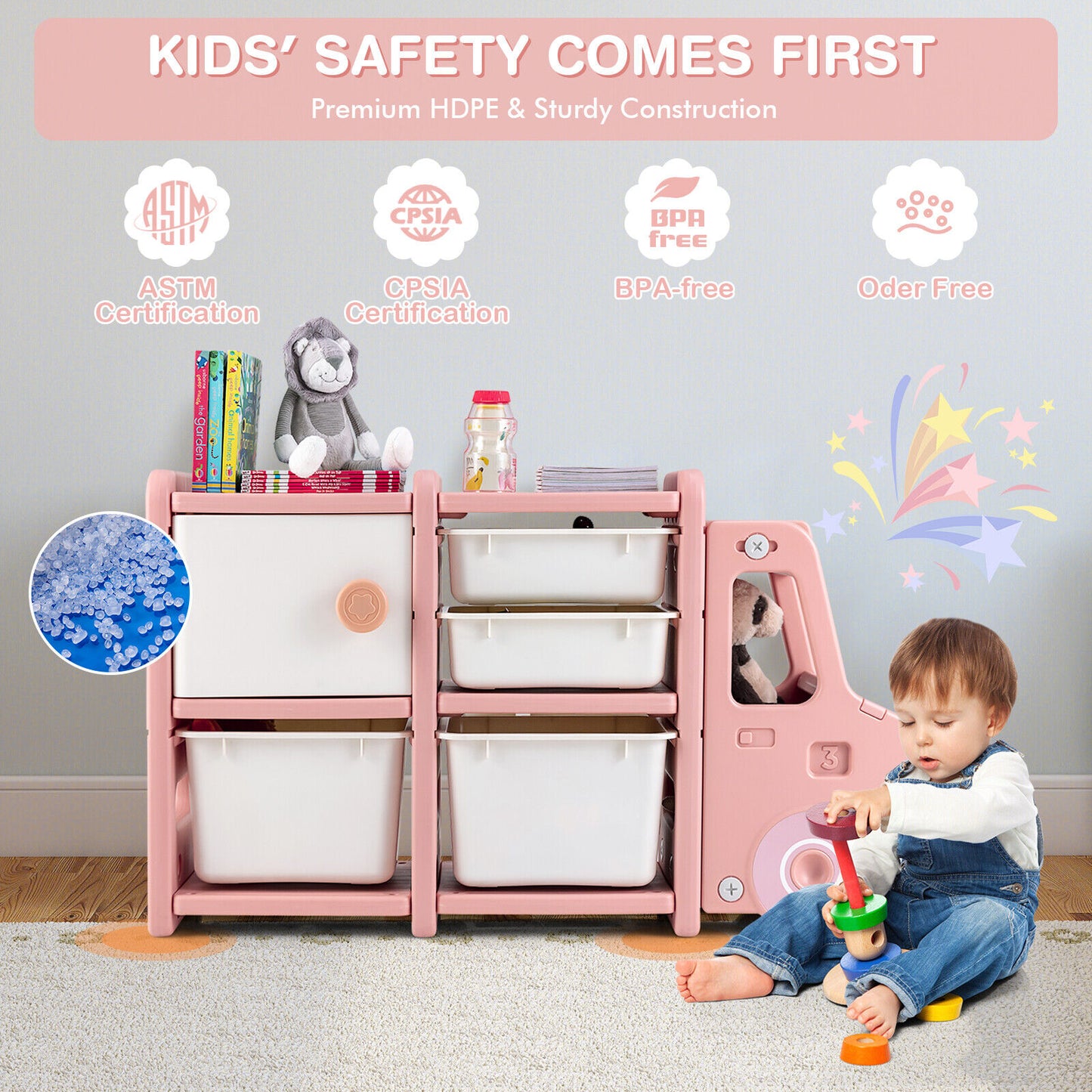 Toddler Truck Storage Organizer with Plastic Bins-Pink Kids Crystal