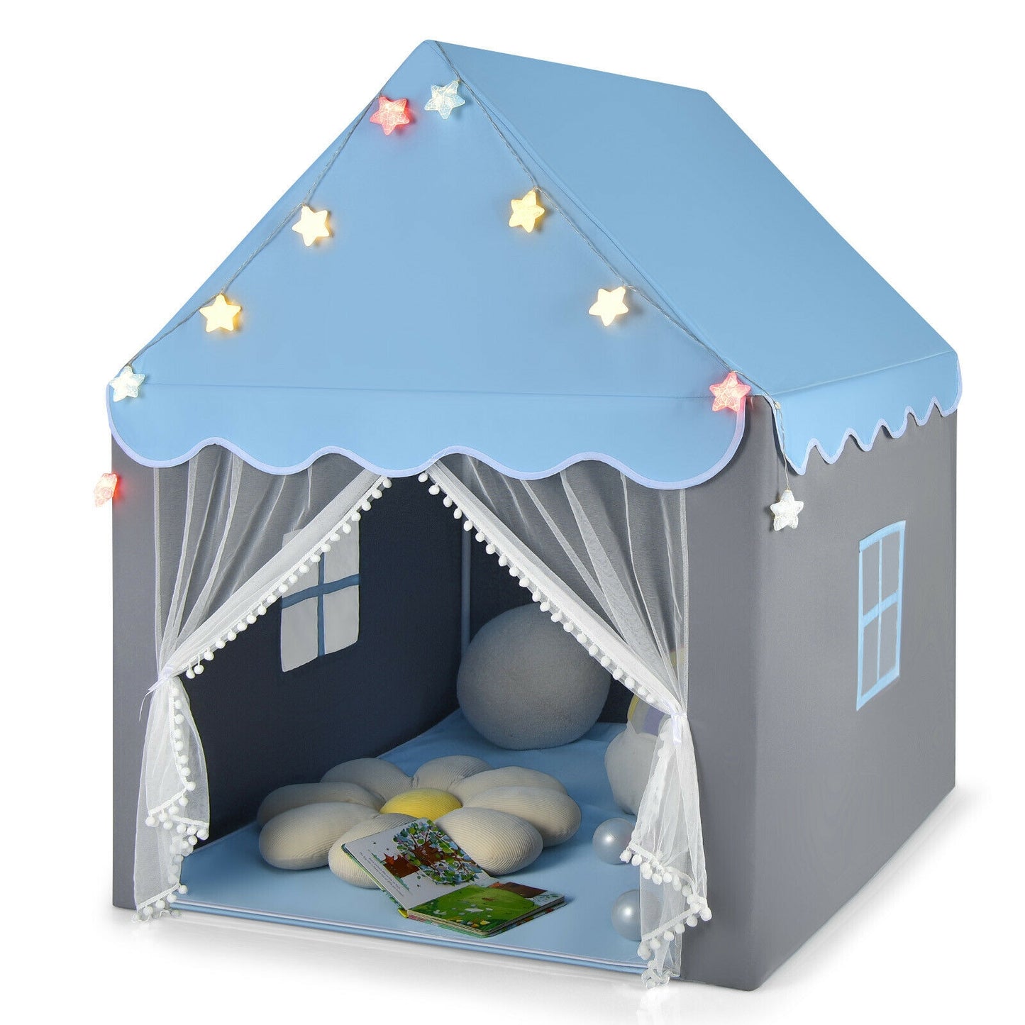 Kids Playhouse Tent with Star Lights and Mat-Blue Kids Crystal