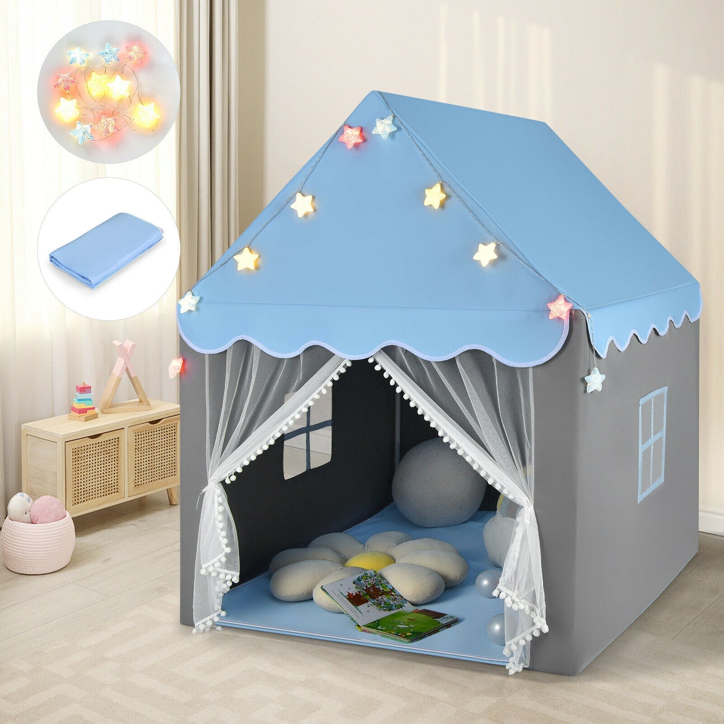 Kids Playhouse Tent with Star Lights and Mat-Blue Kids Crystal