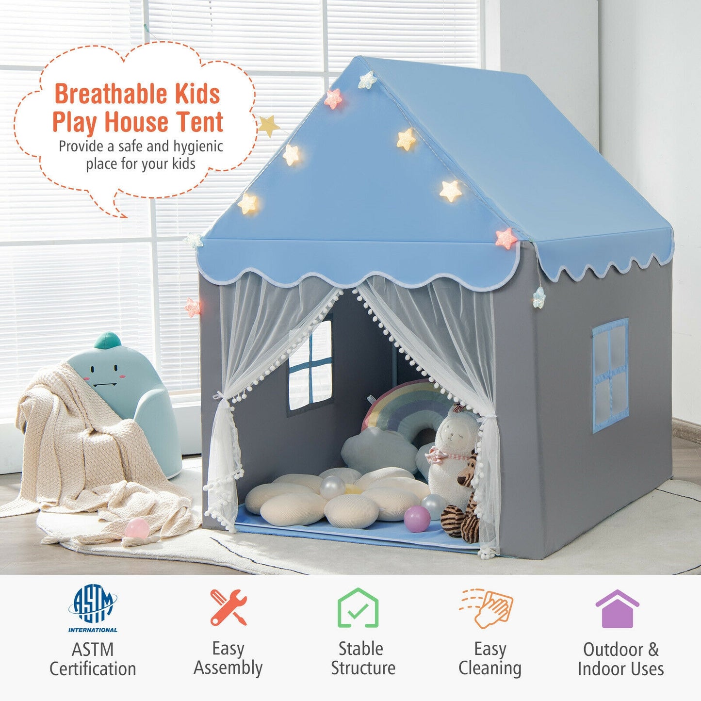 Kids Playhouse Tent with Star Lights and Mat-Blue Kids Crystal