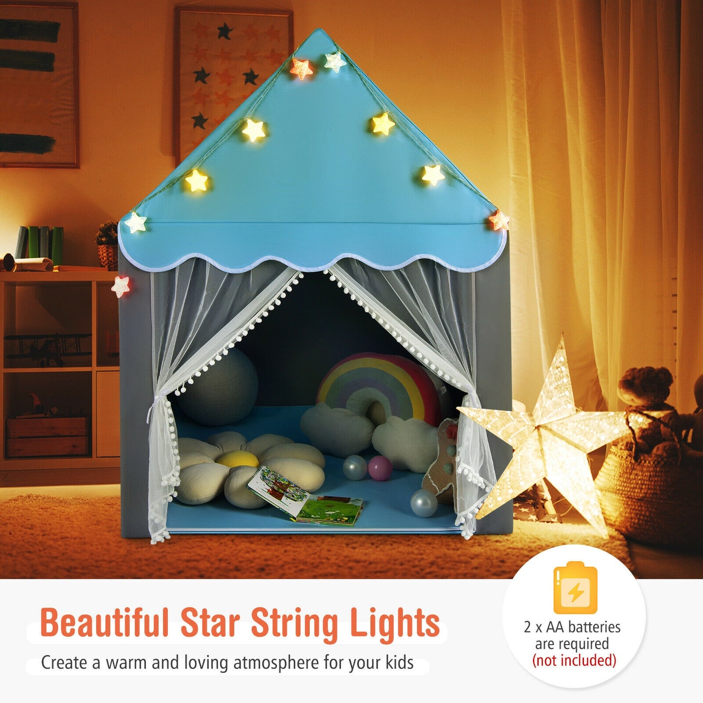 Kids Playhouse Tent with Star Lights and Mat-Blue Kids Crystal