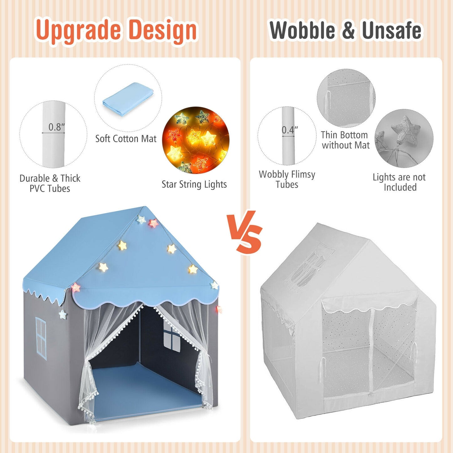 Kids Playhouse Tent with Star Lights and Mat-Blue Kids Crystal