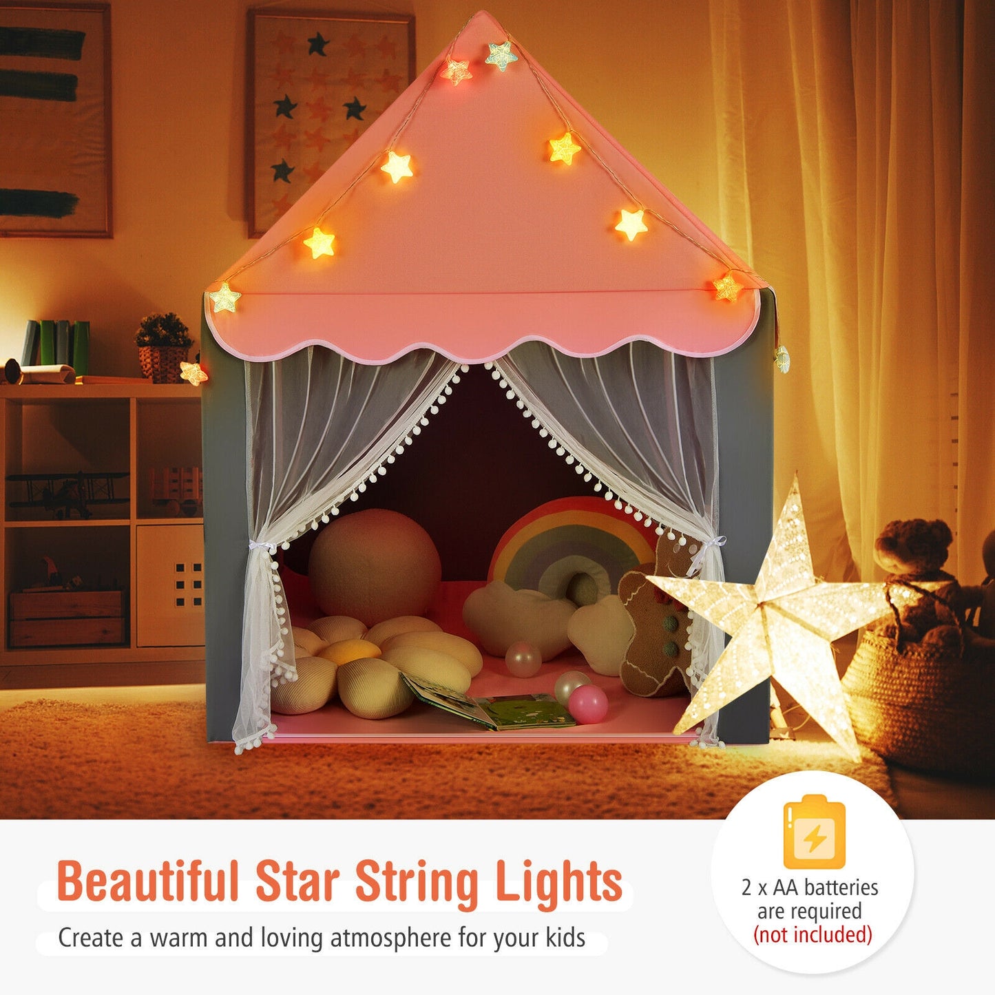 Kids Playhouse Tent with Star Lights and Mat-Pink Kids Crystal