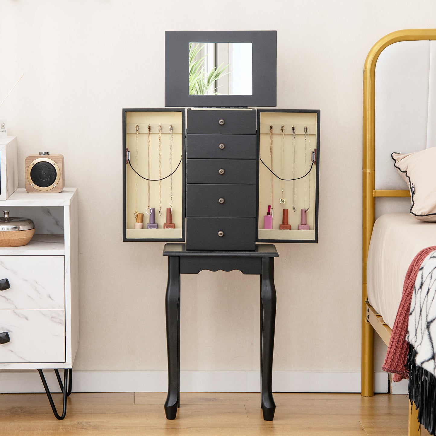 2 Colors Armoire Storage Standing Jewelry Cabinet with Mirror-Black Kids Crystal