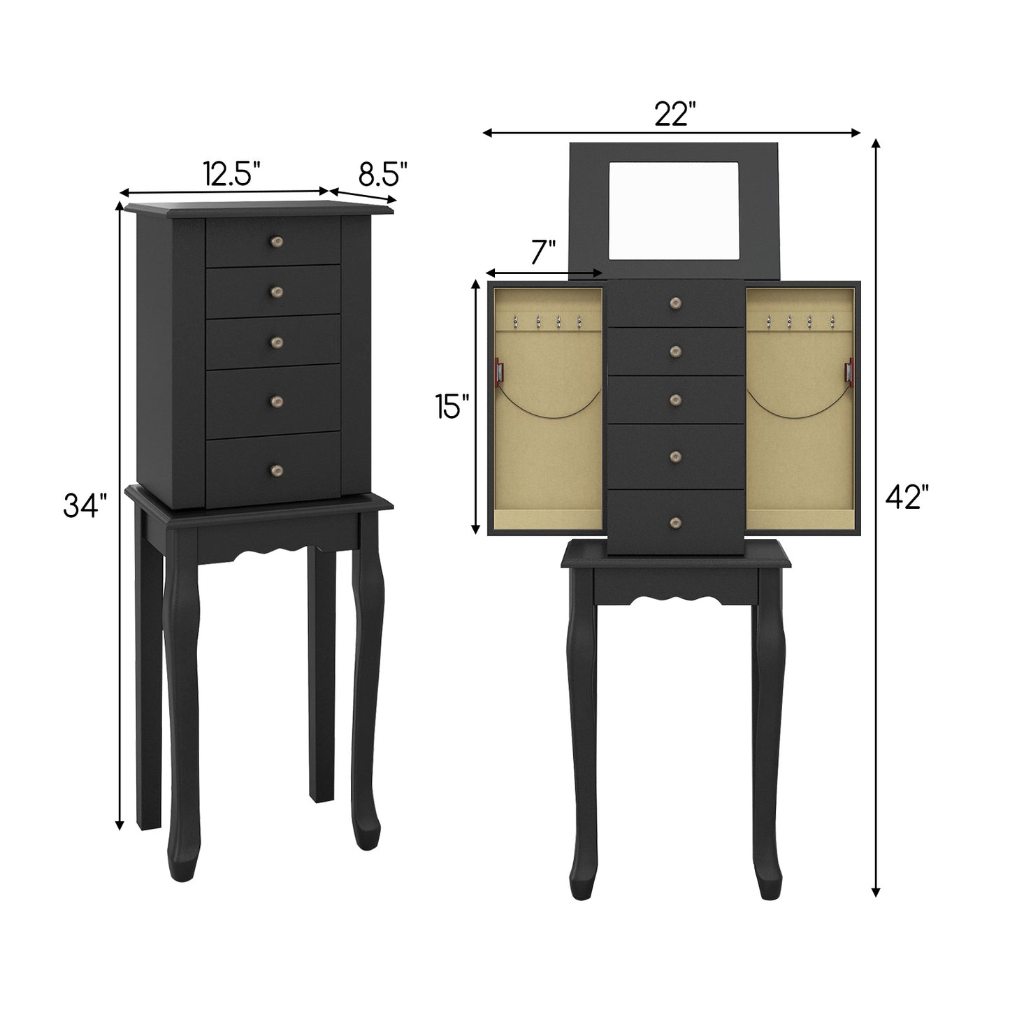 2 Colors Armoire Storage Standing Jewelry Cabinet with Mirror-Black Kids Crystal
