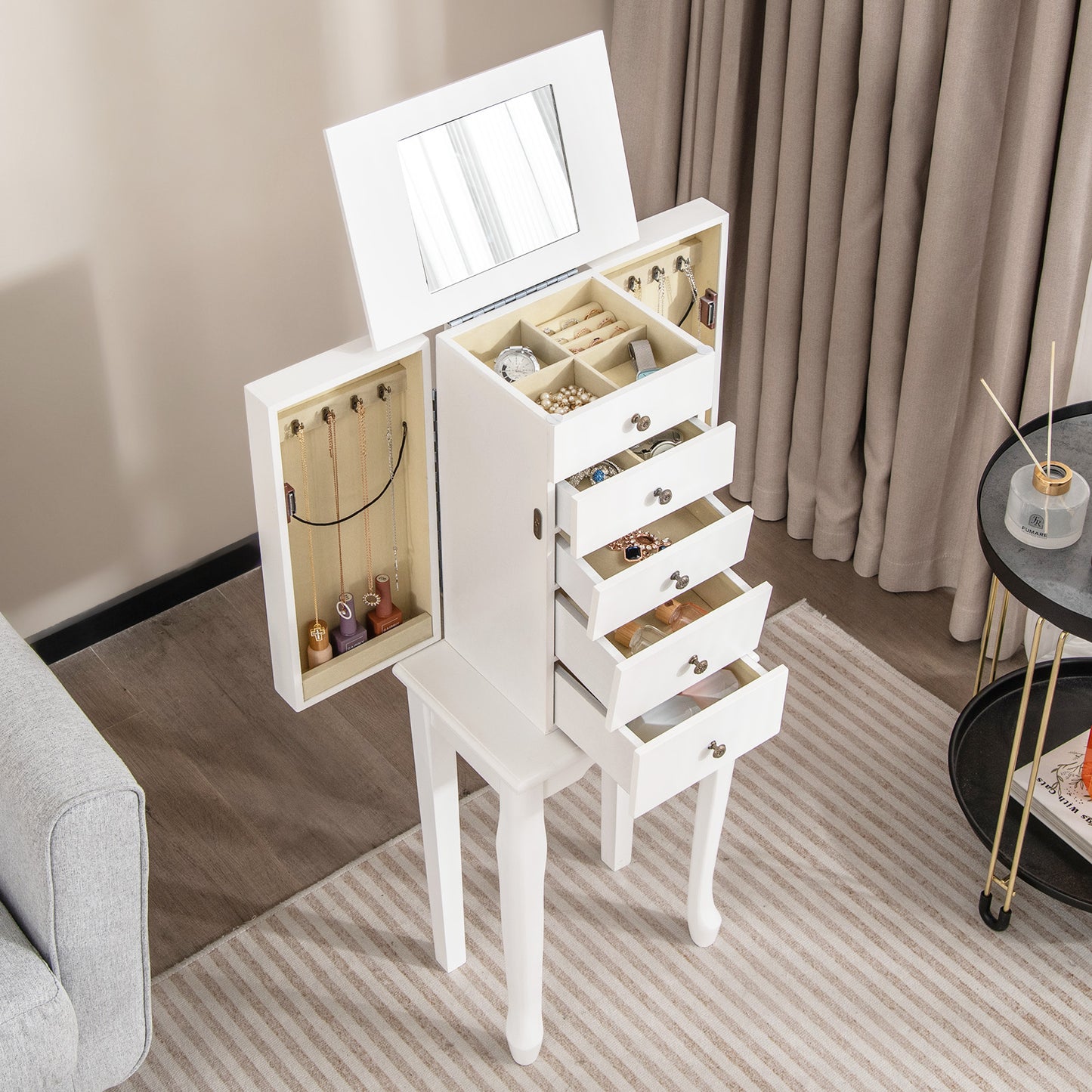 2 Colors Armoire Storage Standing Jewelry Cabinet with Mirror-White Kids Crystal