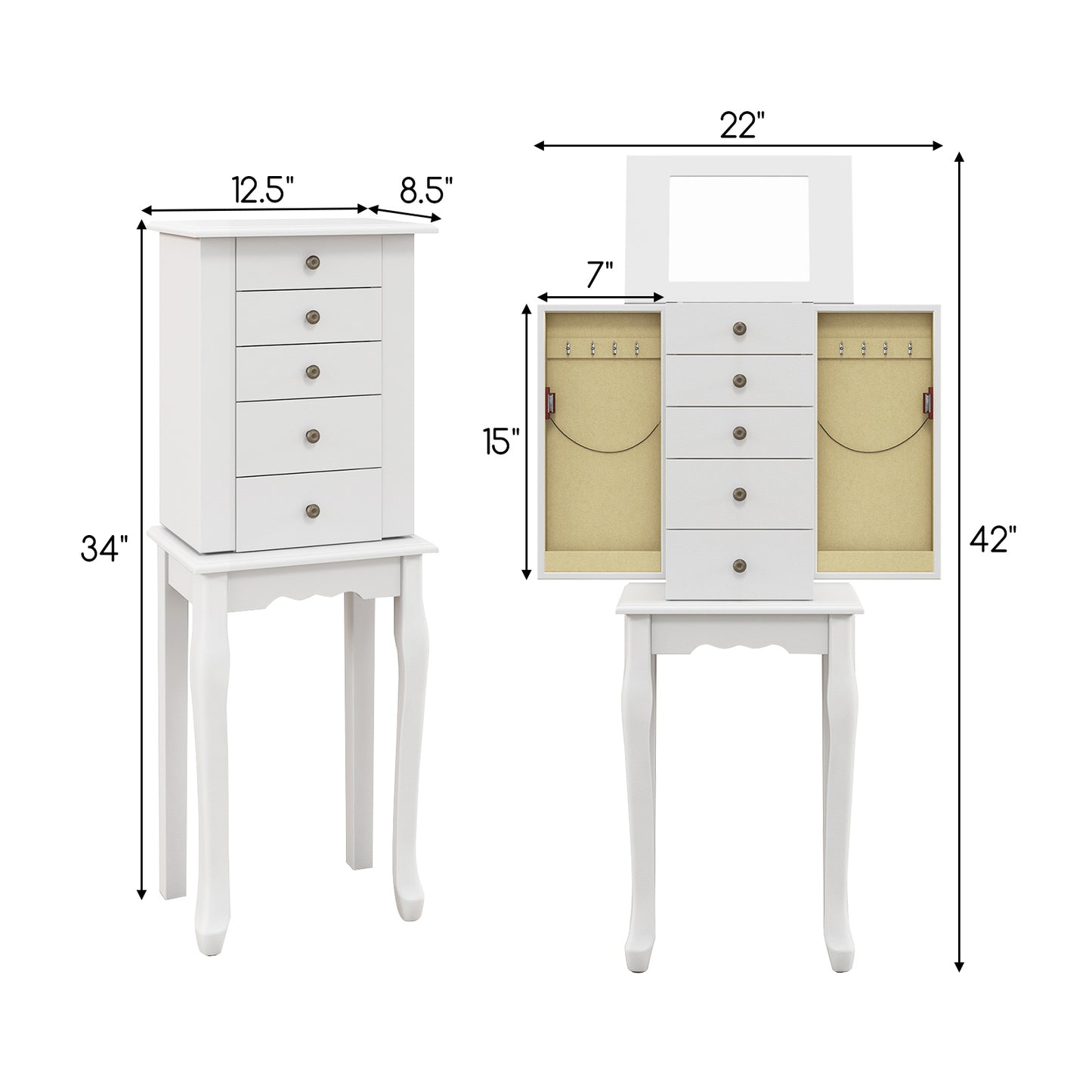 2 Colors Armoire Storage Standing Jewelry Cabinet with Mirror-White Kids Crystal