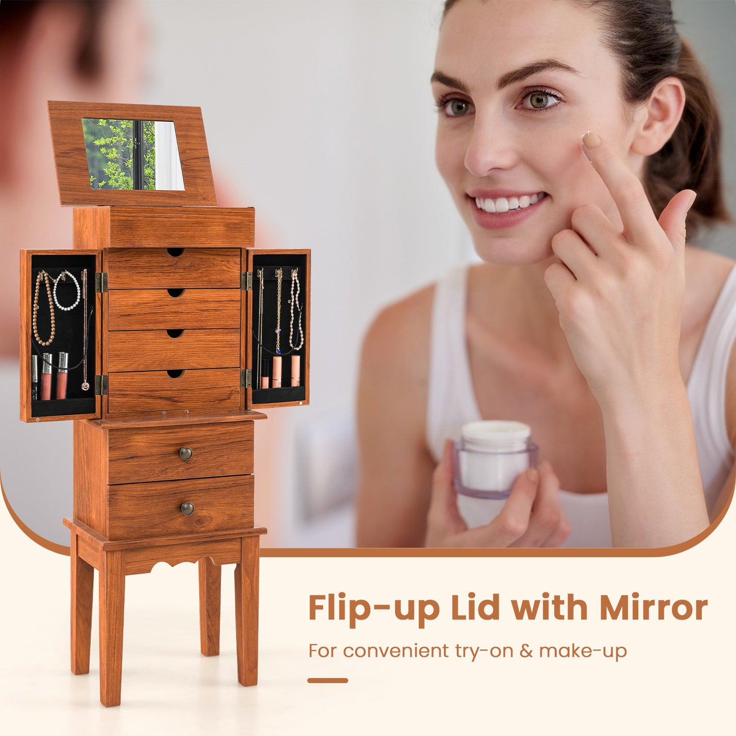 Vintage Jewelry Storage Standing with Top Flip Makeup Mirror Kids Crystal