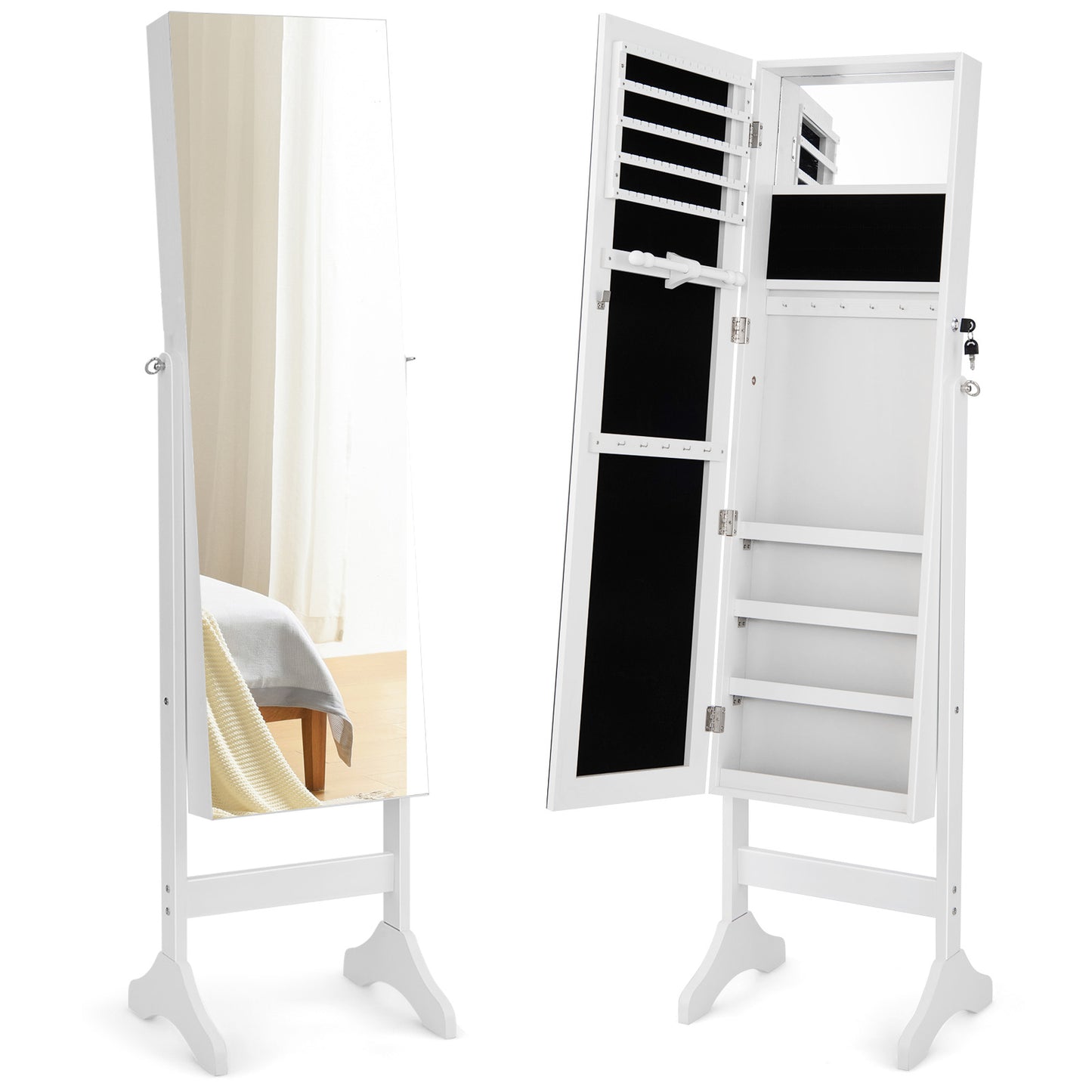 Adjustable Standing Jewelry Cabinet with Full Length Mirror-White Kids Crystal