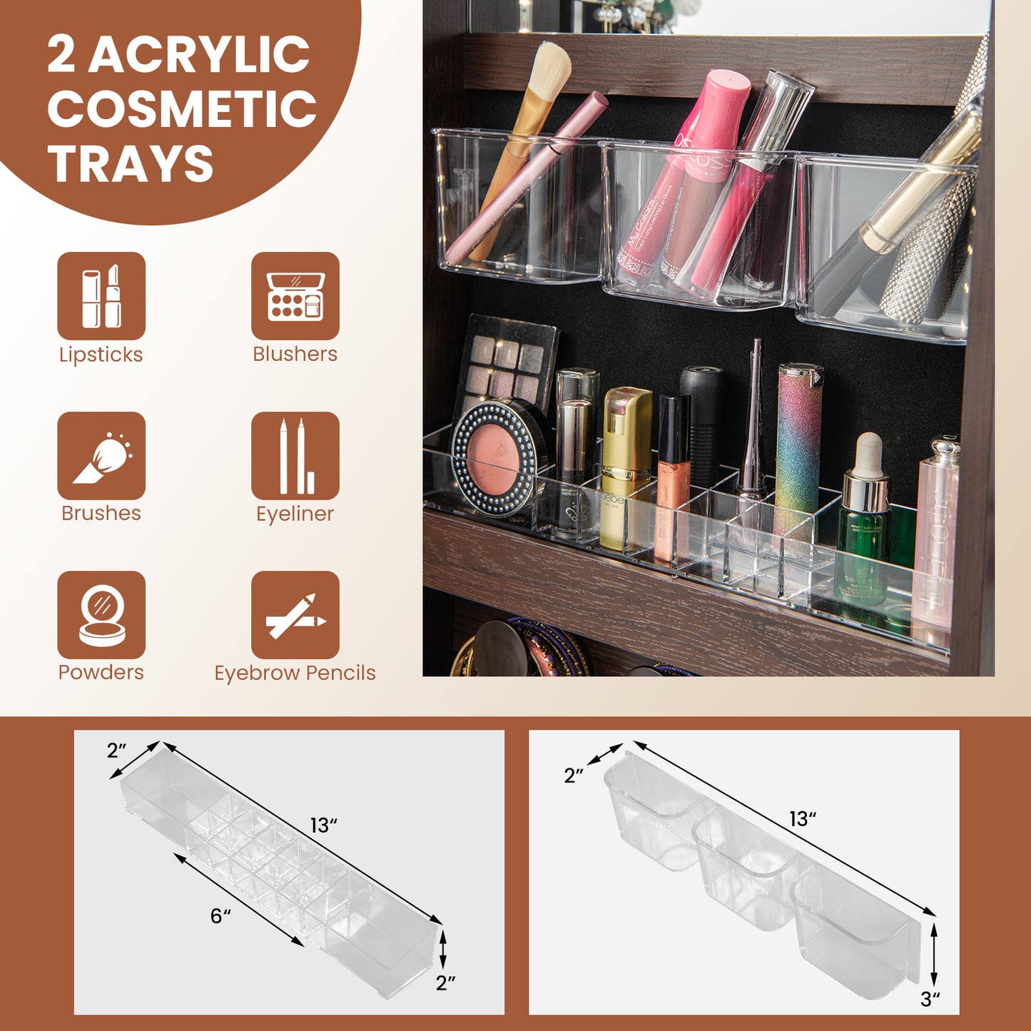 Wall Mounted Jewelry Cabinet with 3-Color Lights-Brown Kids Crystal