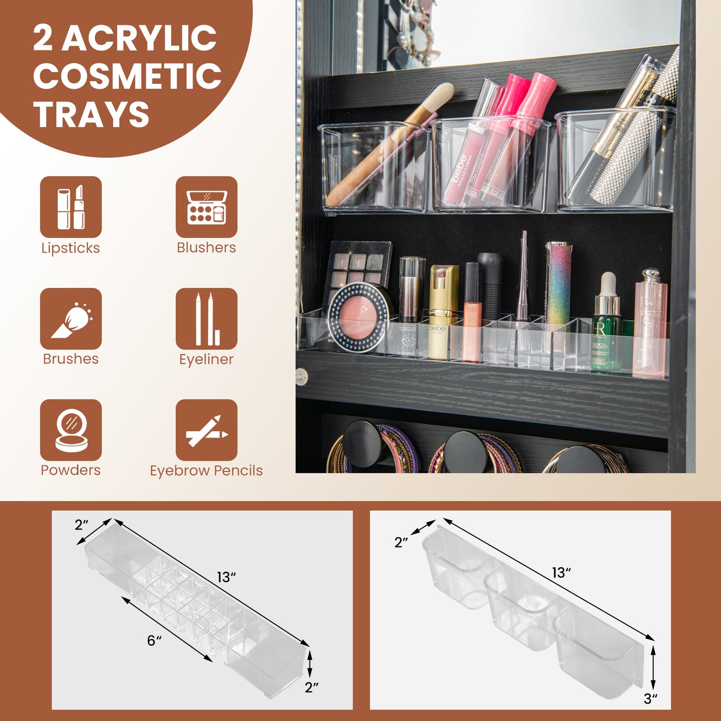 Wall Mounted Jewelry Cabinet with 3-Color Lights-Black Kids Crystal