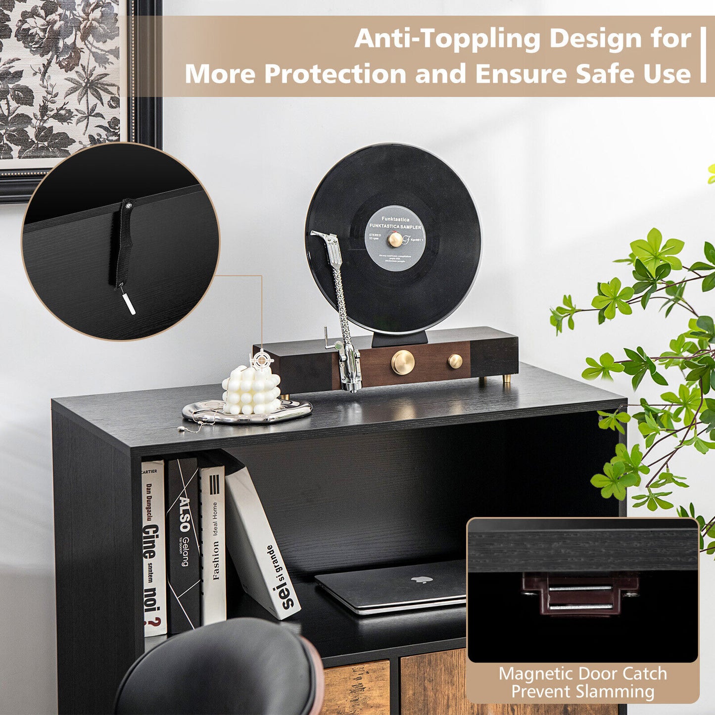 Kitchen Storage Buffet Sideboard with Wine Rack and Glass Holder-Black Kids Crystal