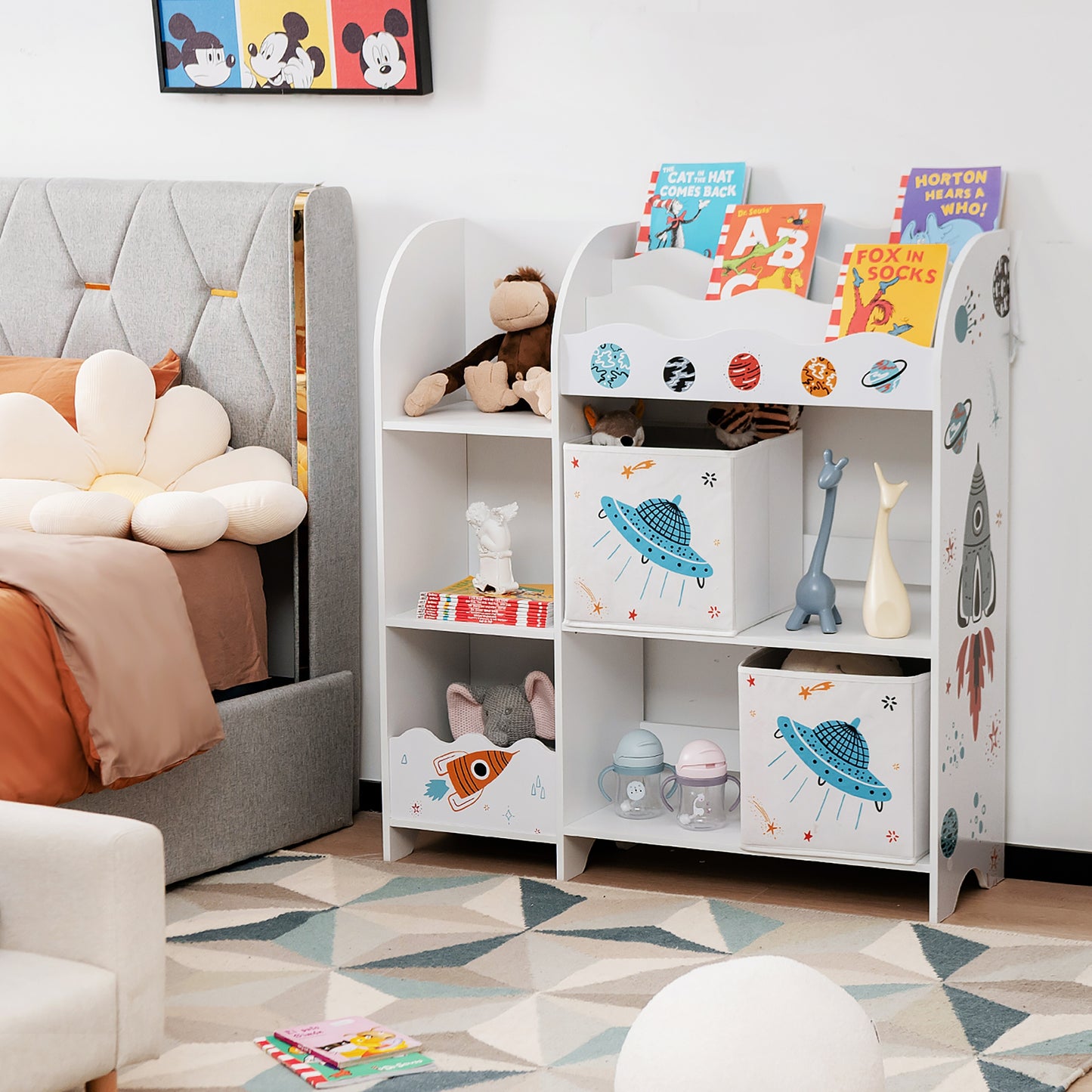 Kids Toy and Book Organizer Children Wooden Storage Cabinet with Storage Bins Kids Crystal