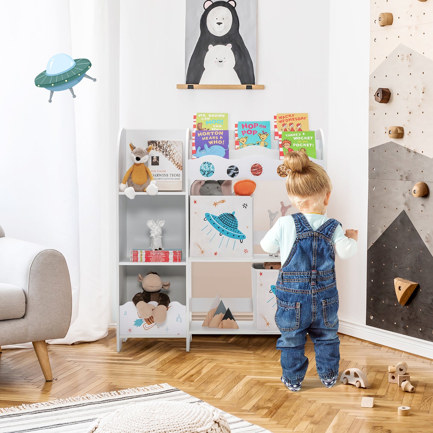 Kids Toy and Book Organizer Children Wooden Storage Cabinet with Storage Bins Kids Crystal