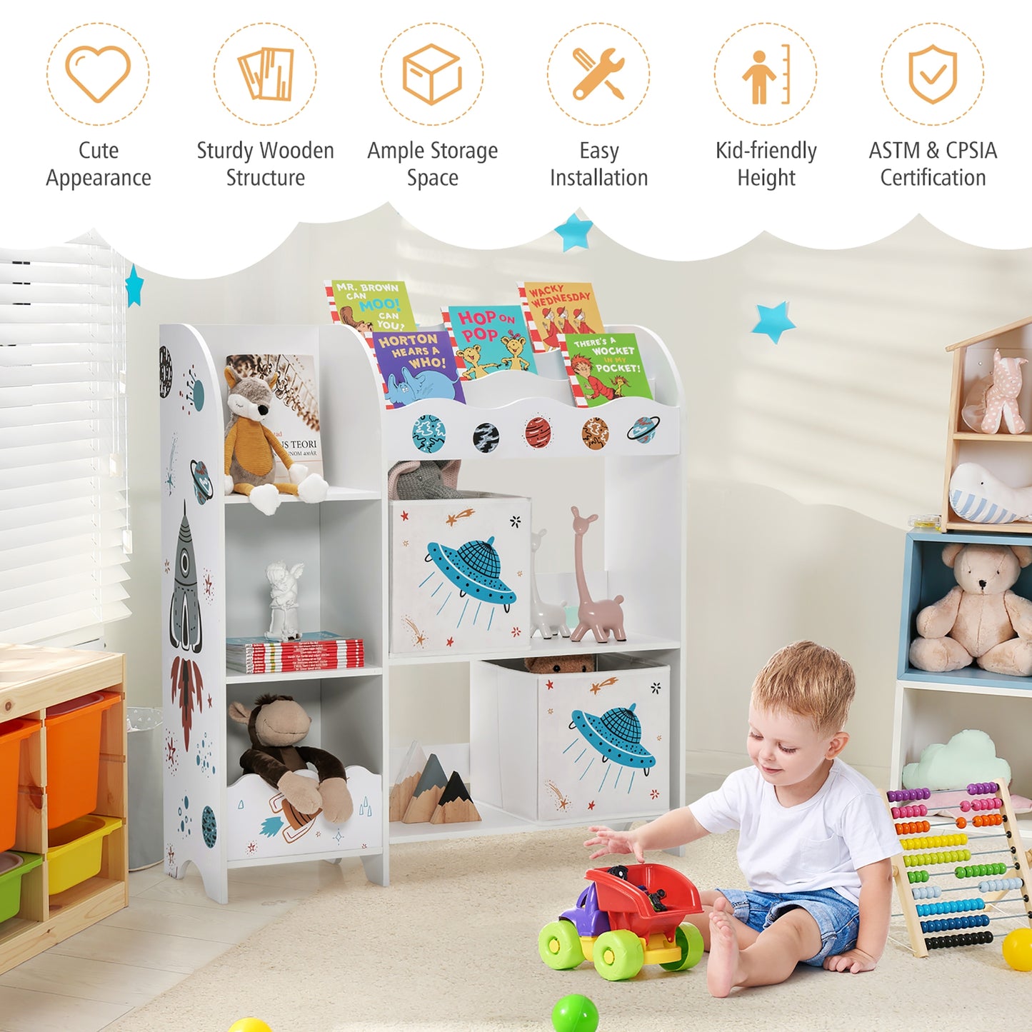 Kids Toy and Book Organizer Children Wooden Storage Cabinet with Storage Bins Kids Crystal