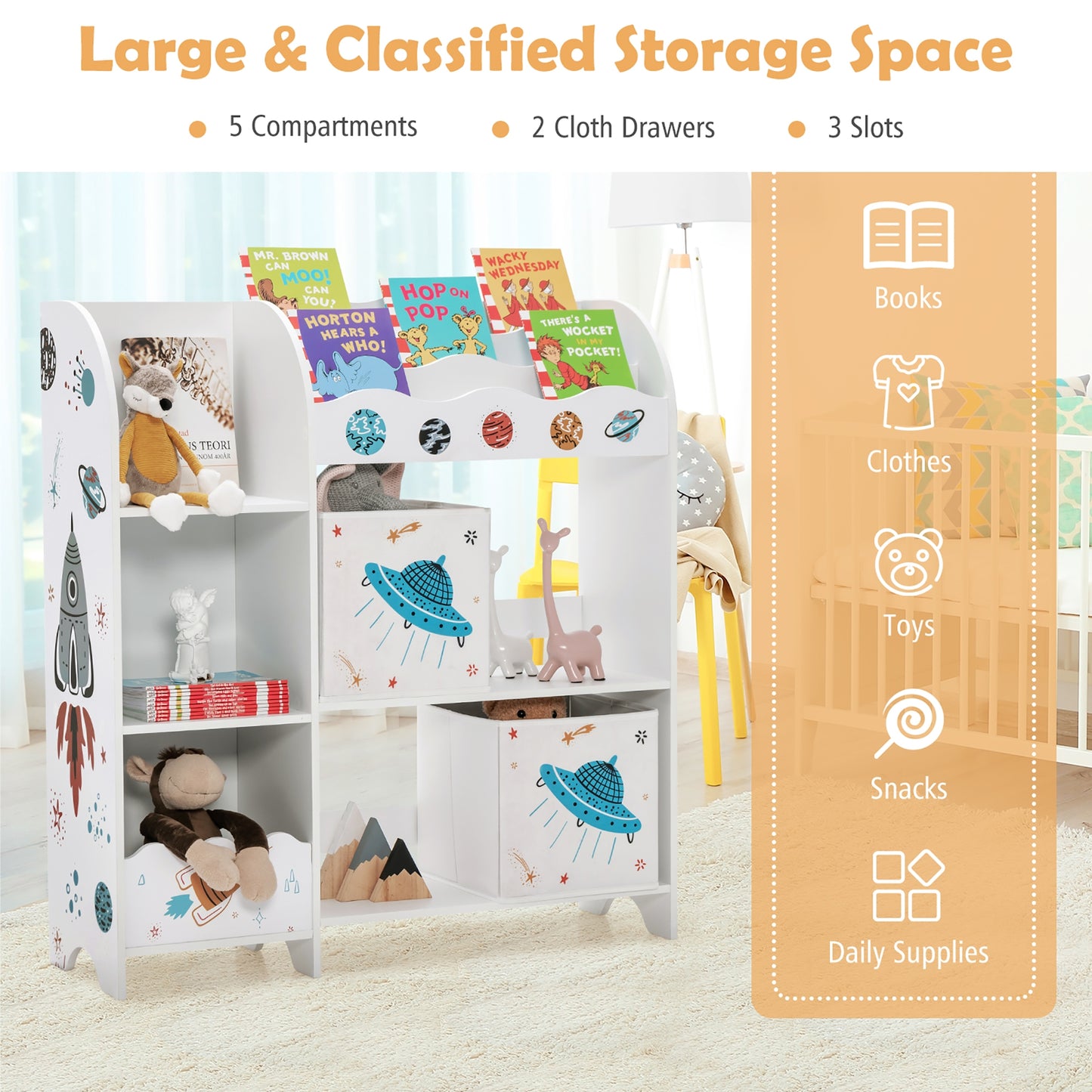 Kids Toy and Book Organizer Children Wooden Storage Cabinet with Storage Bins Kids Crystal