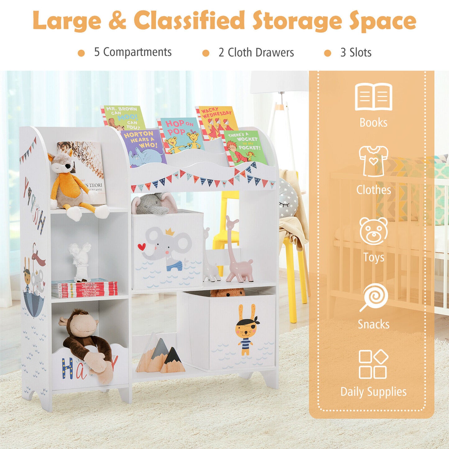 Wooden Children Storage Cabinet with Storage Bins Kids Crystal
