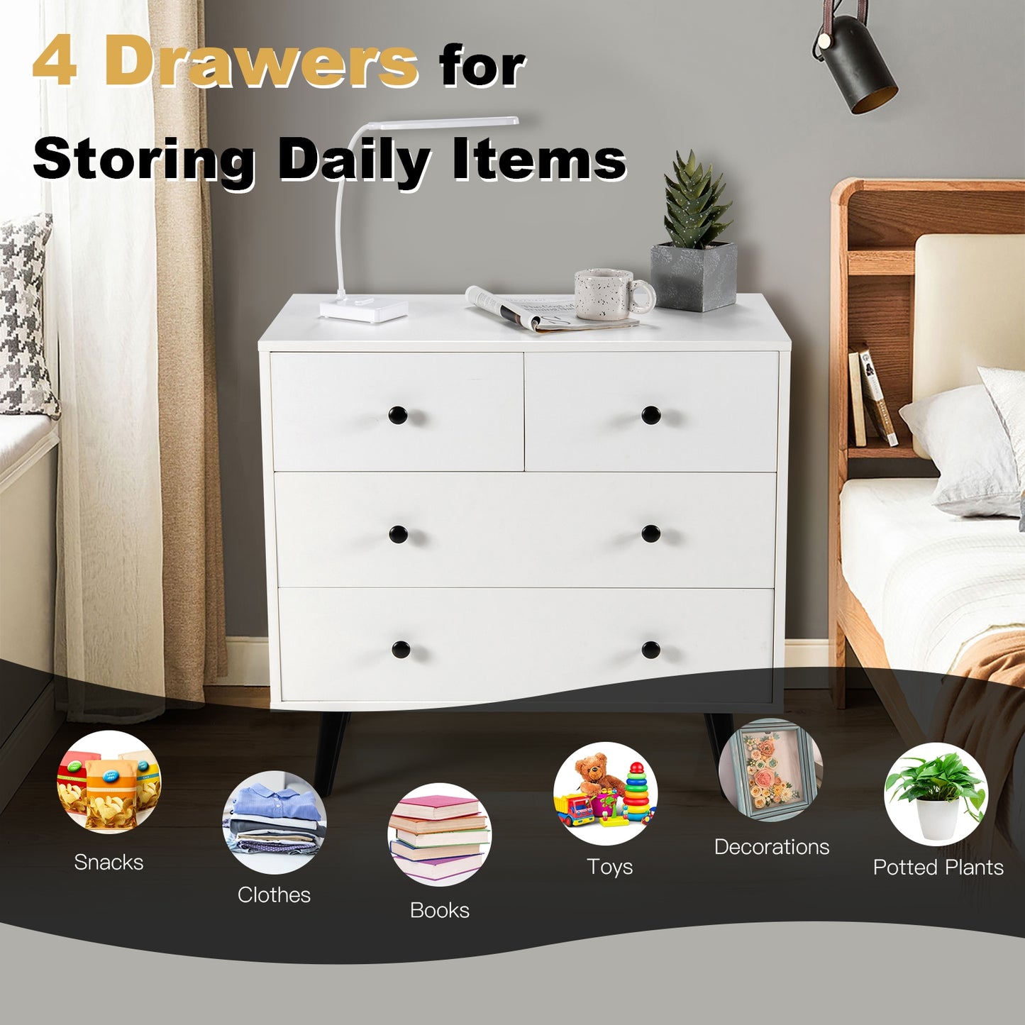 4 Drawers Dresser Chest of Drawers Free Standing Sideboard Cabinet-White Kids Crystal