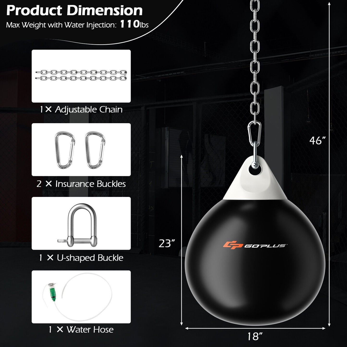 18 Inch 110 Pound Heavy Punching Water Aqua Bag with Adjustable Metal Chain-Black Kids Crystal
