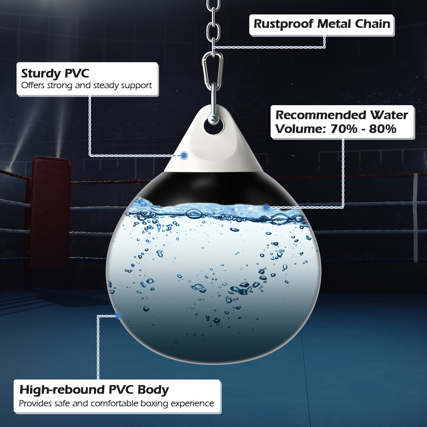 18 Inch 110 Pound Heavy Punching Water Aqua Bag with Adjustable Metal Chain-Black Kids Crystal