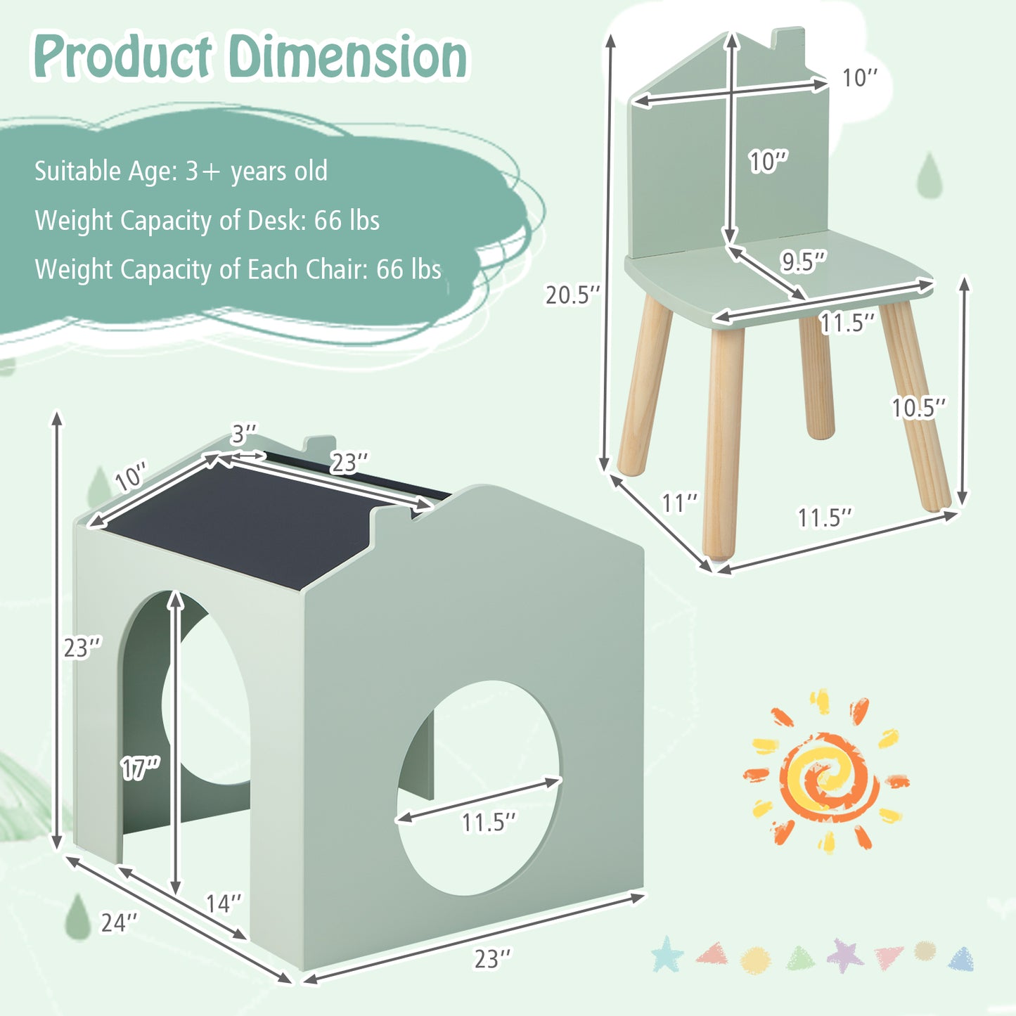 3 Pieces Wooden Kids Table and Chair Set-Green Kids Crystal