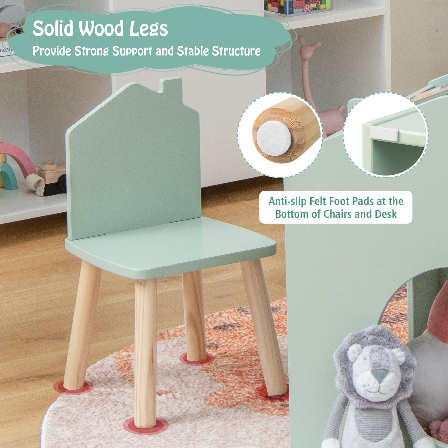 3 Pieces Wooden Kids Table and Chair Set-Green Kids Crystal