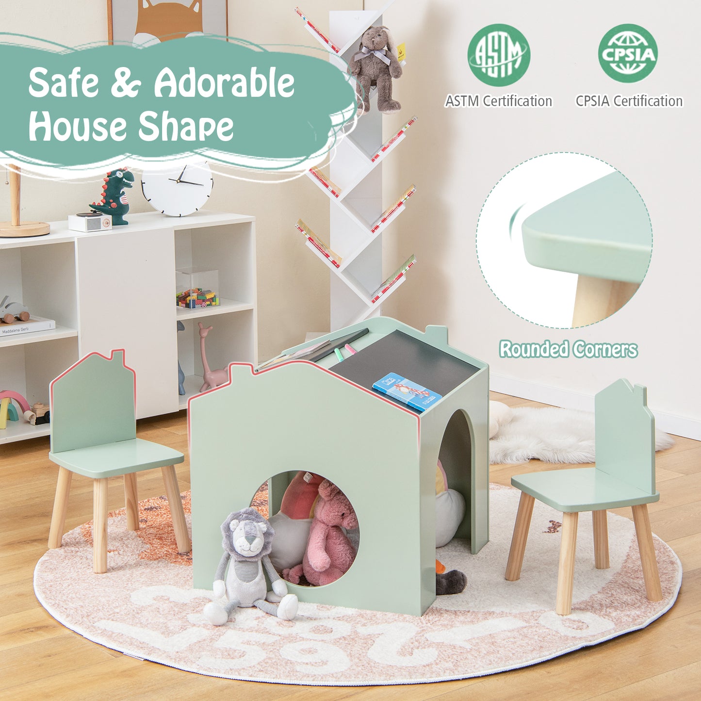 3 Pieces Wooden Kids Table and Chair Set-Green Kids Crystal