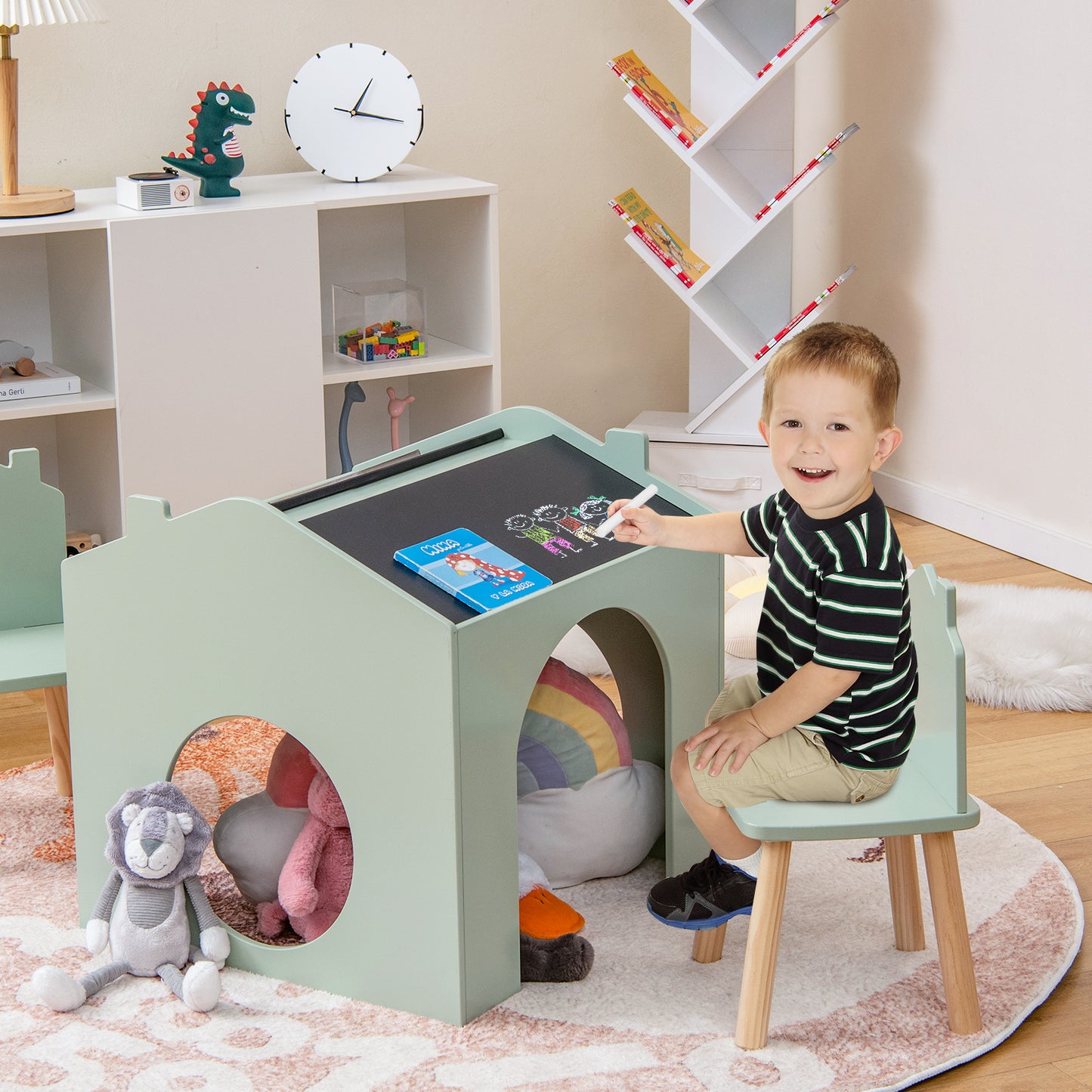 3 Pieces Wooden Kids Table and Chair Set-Green Kids Crystal