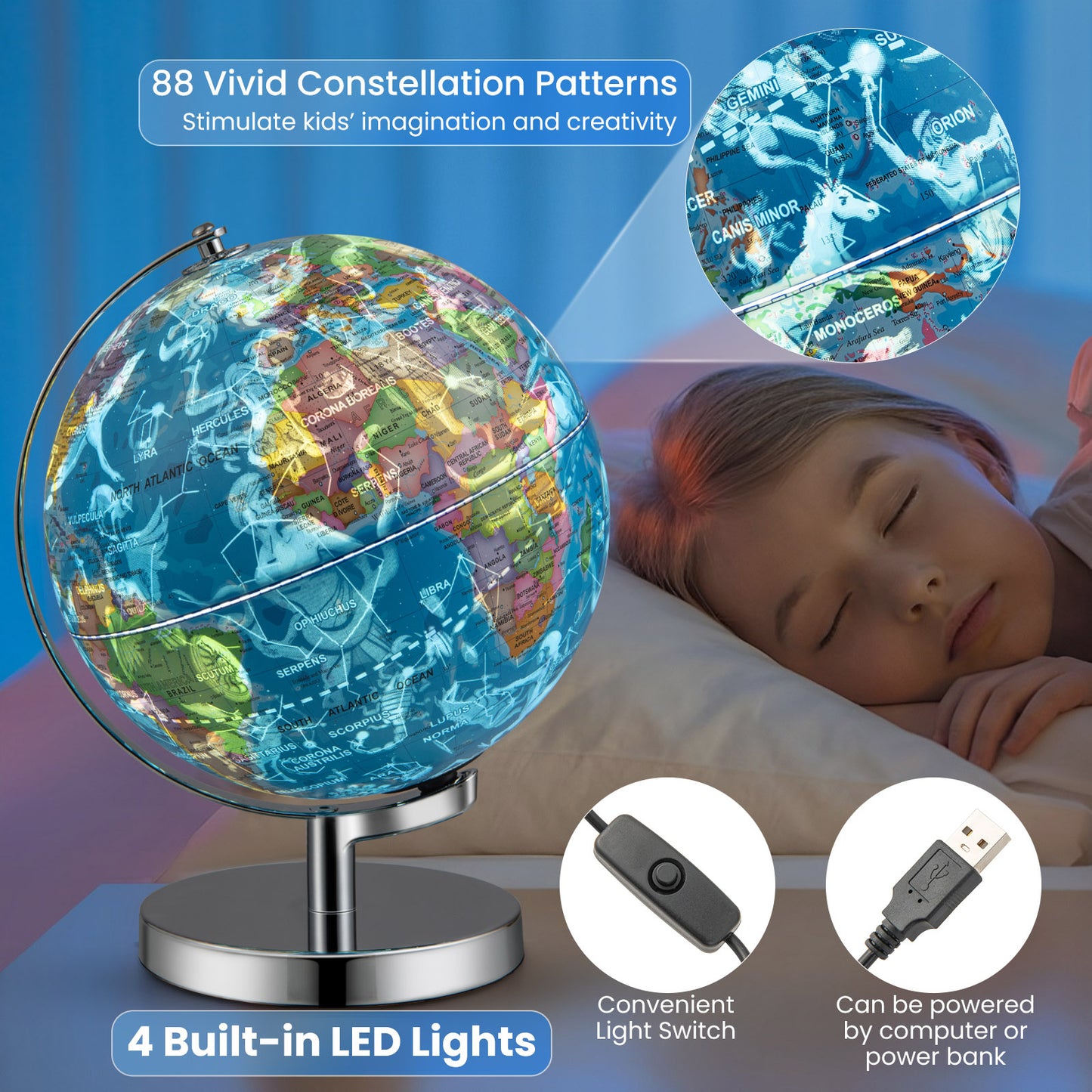 3-in-1 Illuminated World Globe with Stand and 88 Constellations Kids Crystal