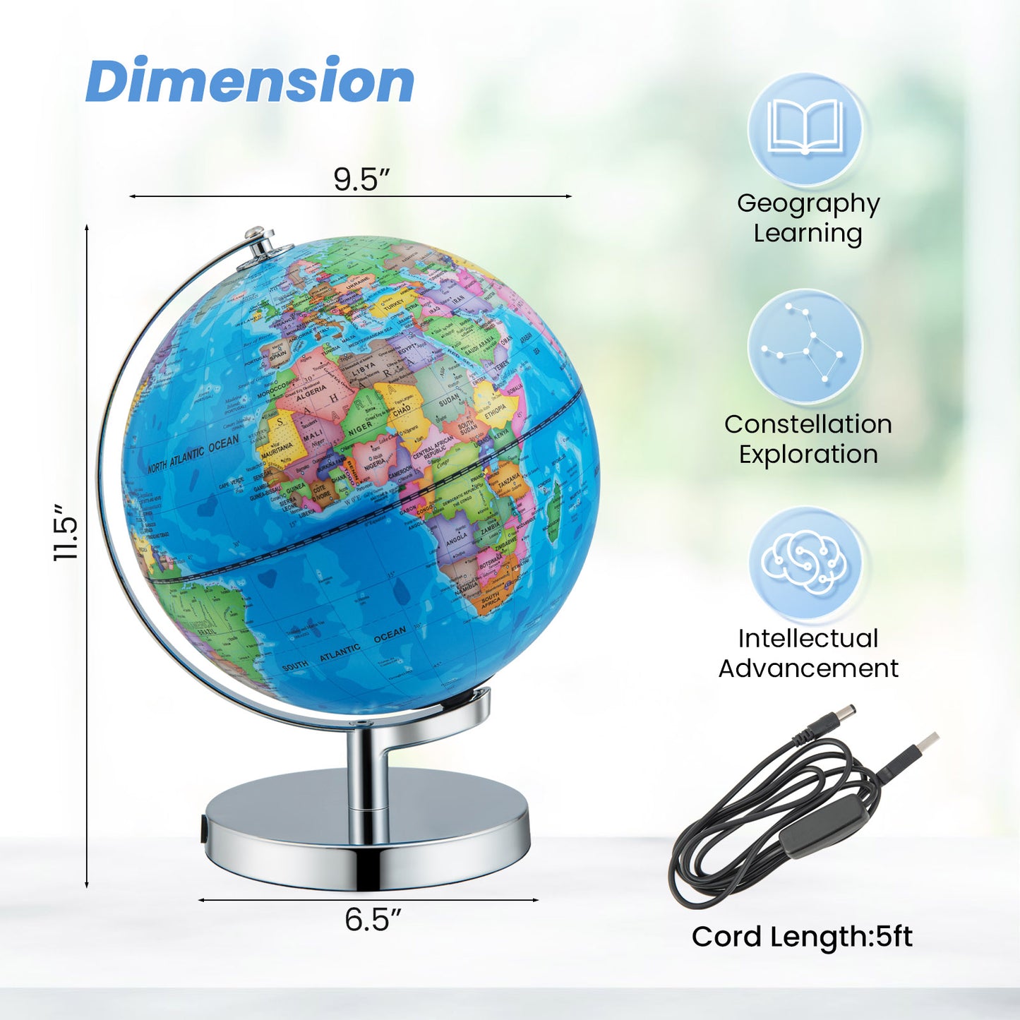 3-in-1 Illuminated World Globe with Stand and 88 Constellations Kids Crystal