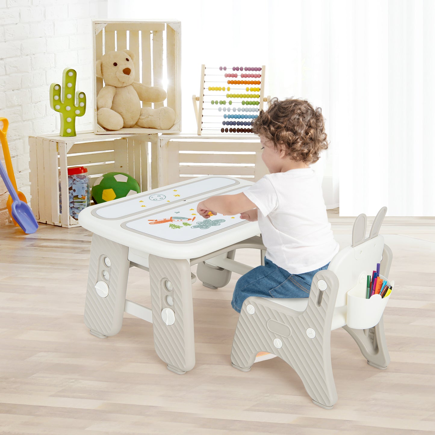 Kids Table and Chair Set with Flip-Top Bookshelf-Gray Kids Crystal