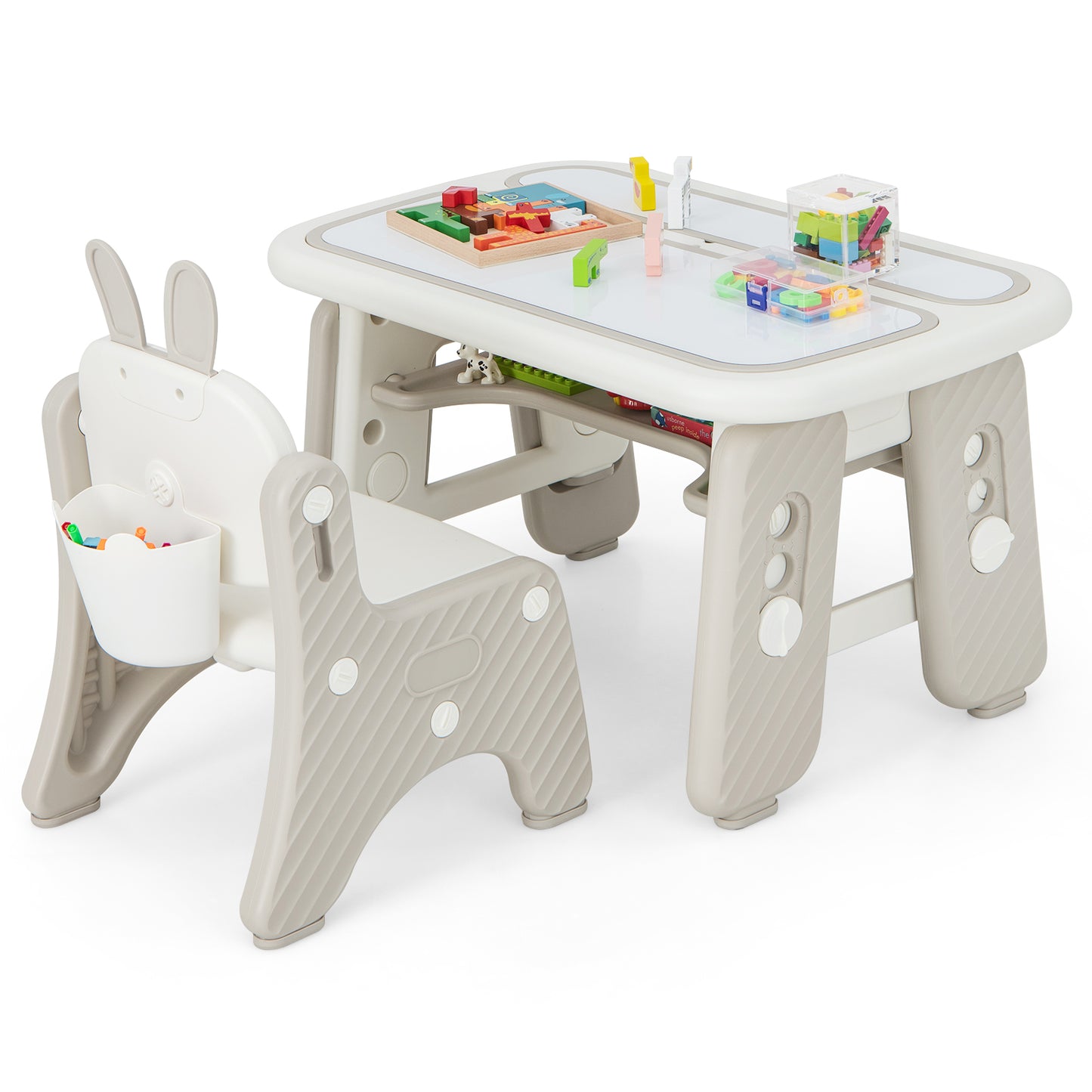 Kids Table and Chair Set with Flip-Top Bookshelf-Gray Kids Crystal