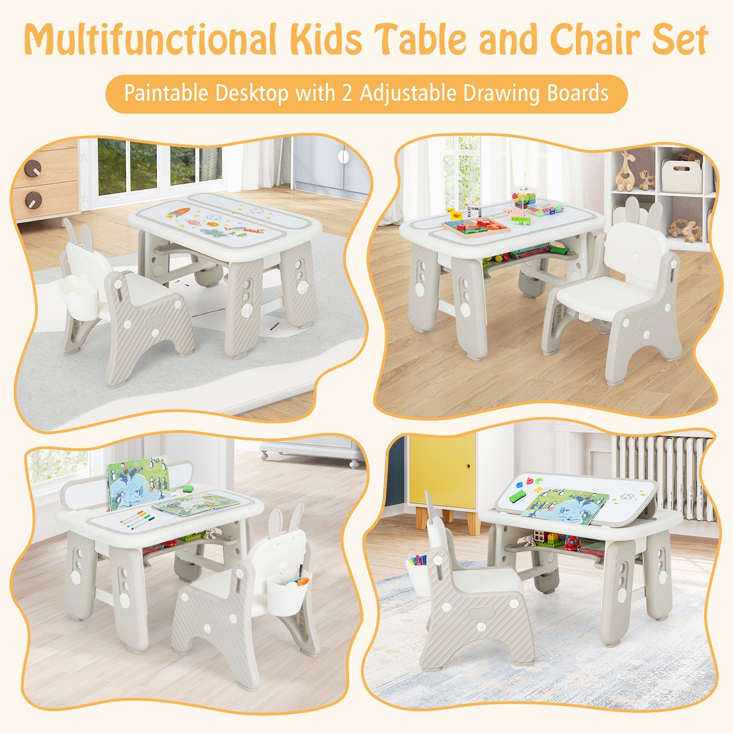 Kids Table and Chair Set with Flip-Top Bookshelf-Gray Kids Crystal