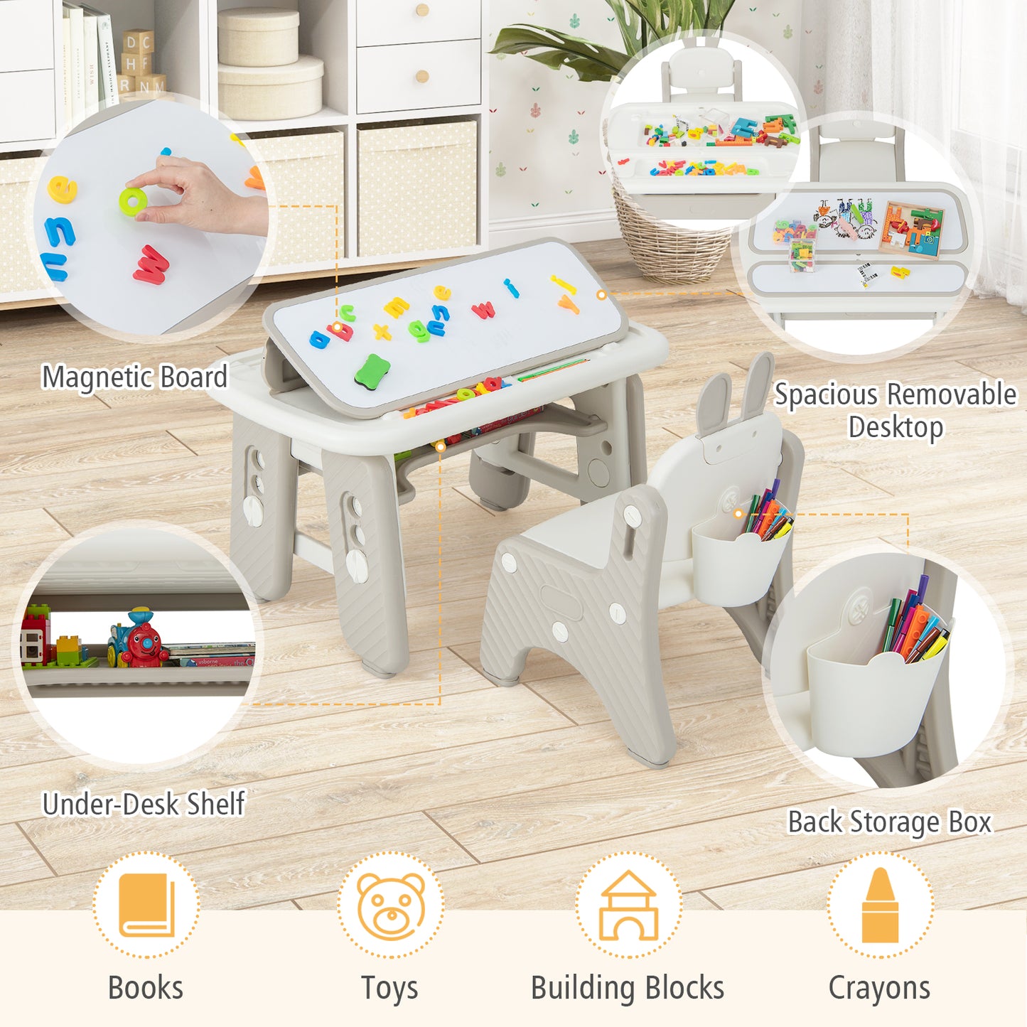 Kids Table and Chair Set with Flip-Top Bookshelf-Gray Kids Crystal