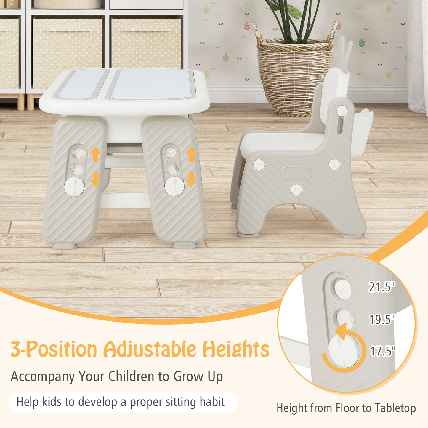 Kids Table and Chair Set with Flip-Top Bookshelf-Gray Kids Crystal