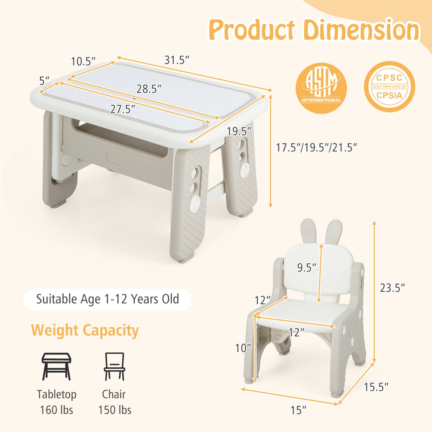 Kids Table and Chair Set with Flip-Top Bookshelf-Gray Kids Crystal