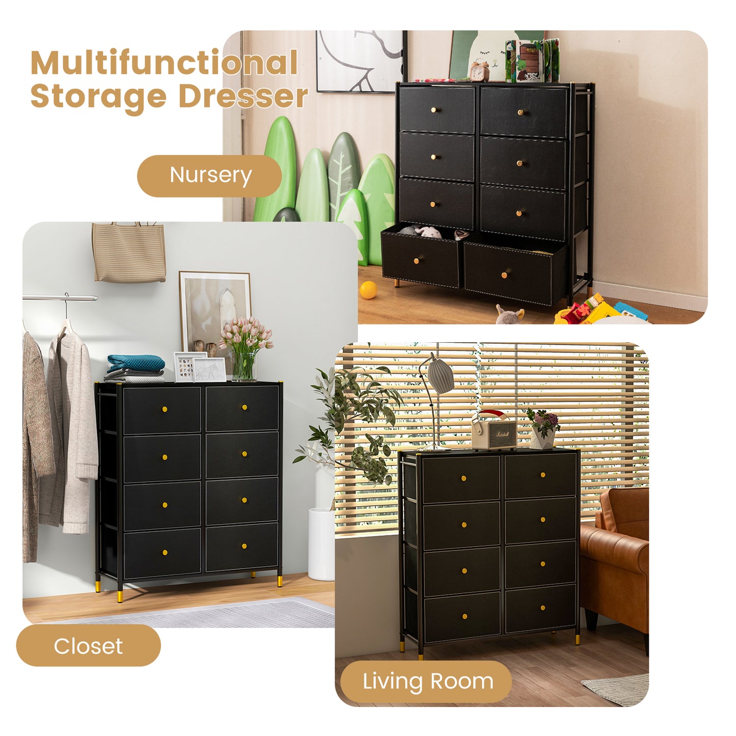 Floor Dresser Storage Organizer with 5/6/8 Drawers with Fabric Bins and Metal Frame-8-Drawer Kids Crystal