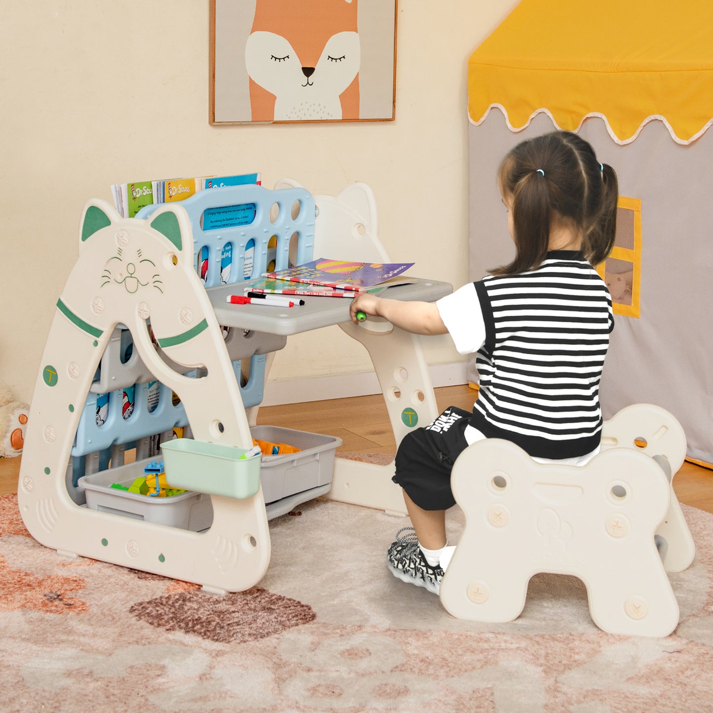 3-In-1 Double Sided Magnetic Dry-Erase Board with Stool and Flipped Writing Desktop-Navy Kids Crystal
