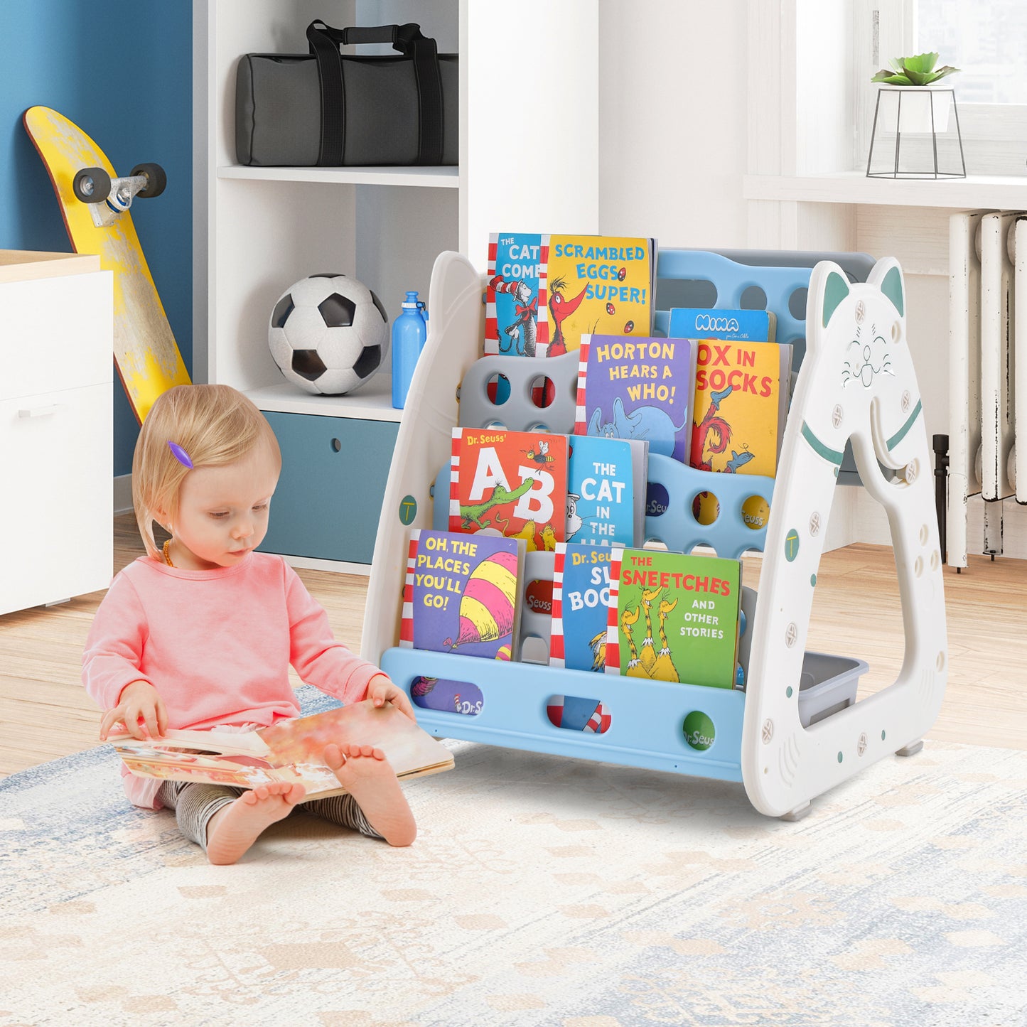 3-In-1 Double Sided Magnetic Dry-Erase Board with Stool and Flipped Writing Desktop-Navy Kids Crystal