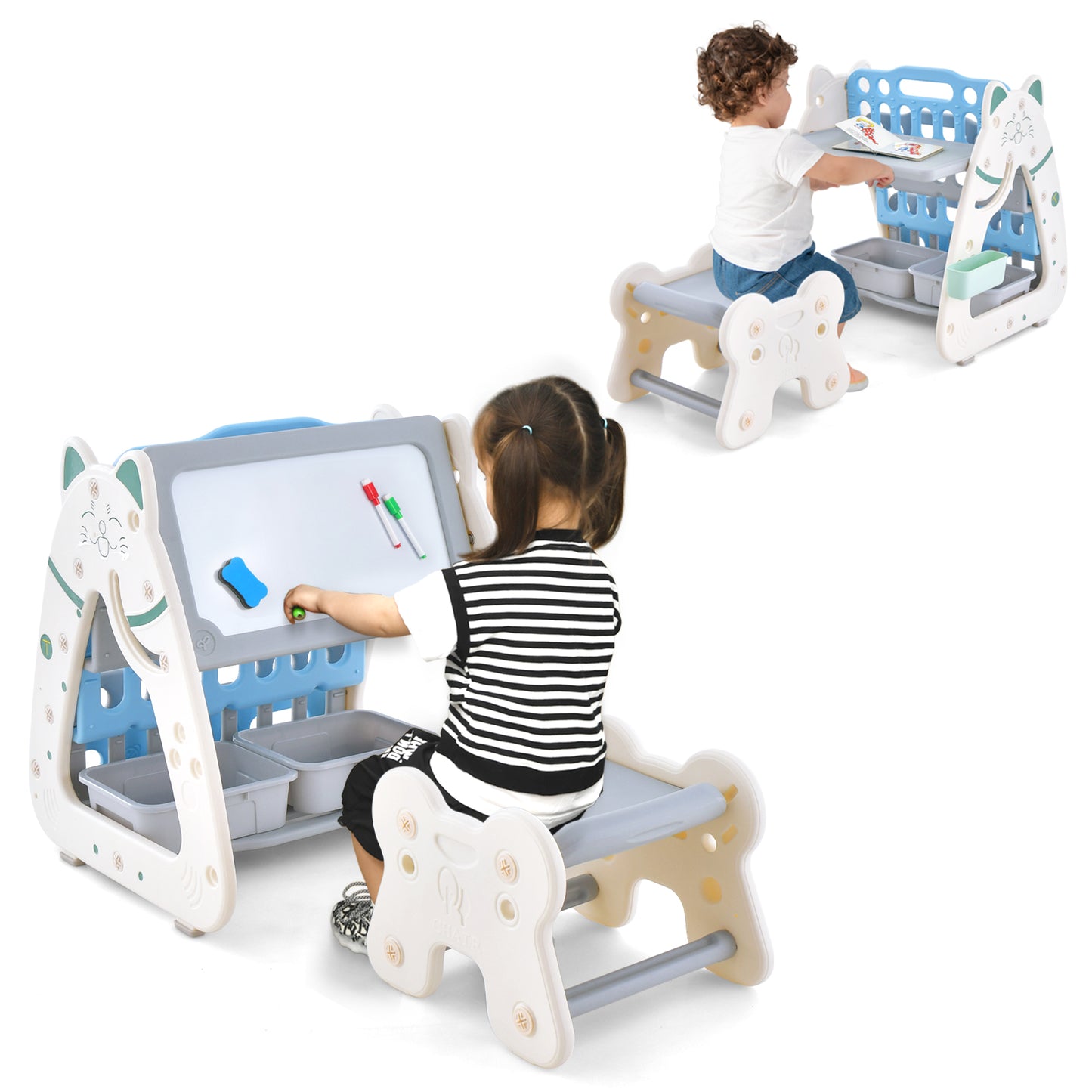 3-In-1 Double Sided Magnetic Dry-Erase Board with Stool and Flipped Writing Desktop-Navy Kids Crystal