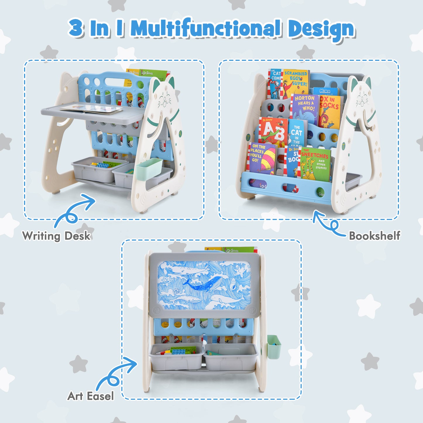 3-In-1 Double Sided Magnetic Dry-Erase Board with Stool and Flipped Writing Desktop-Navy Kids Crystal