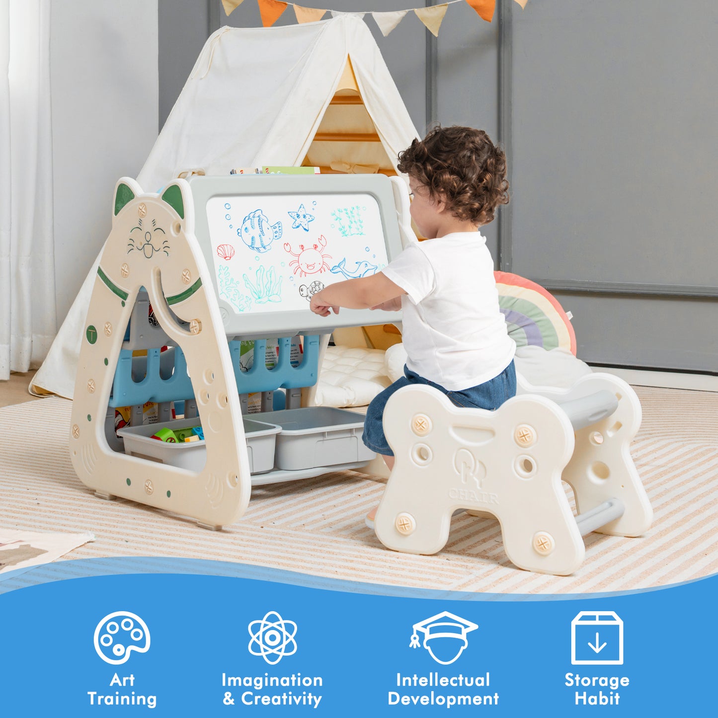 3-In-1 Double Sided Magnetic Dry-Erase Board with Stool and Flipped Writing Desktop-Navy Kids Crystal