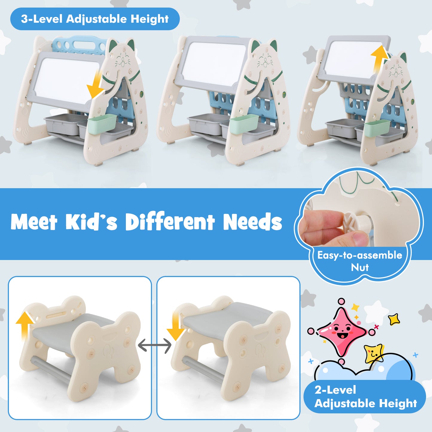 3-In-1 Double Sided Magnetic Dry-Erase Board with Stool and Flipped Writing Desktop-Navy Kids Crystal
