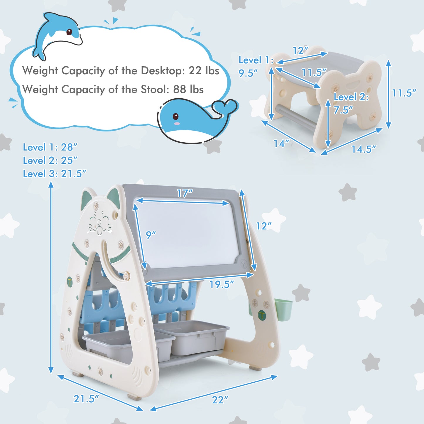 3-In-1 Double Sided Magnetic Dry-Erase Board with Stool and Flipped Writing Desktop-Navy Kids Crystal