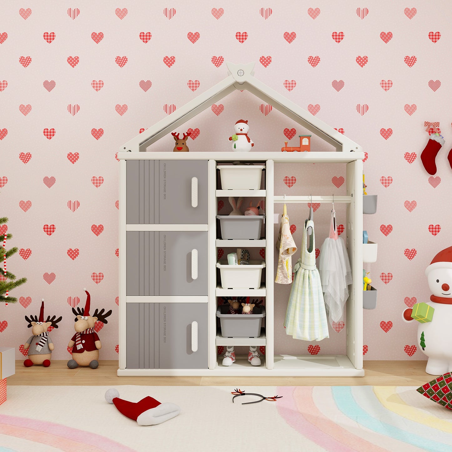 Kids Costume Storage Closet with Storage Bins and Shelves and Side Baskets for Kids Room-Gray Kids Crystal