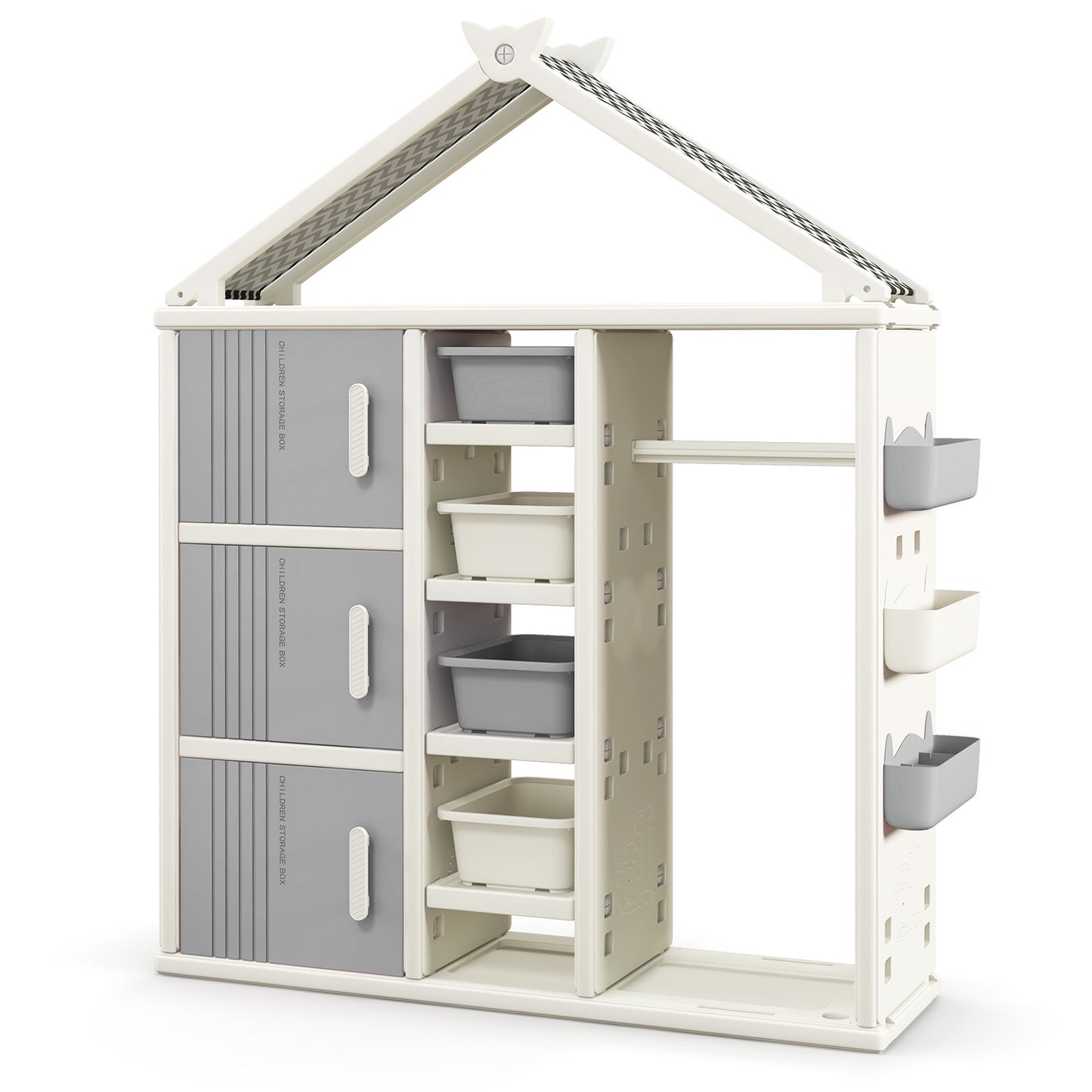 Kids Costume Storage Closet with Storage Bins and Shelves and Side Baskets for Kids Room-Gray Kids Crystal