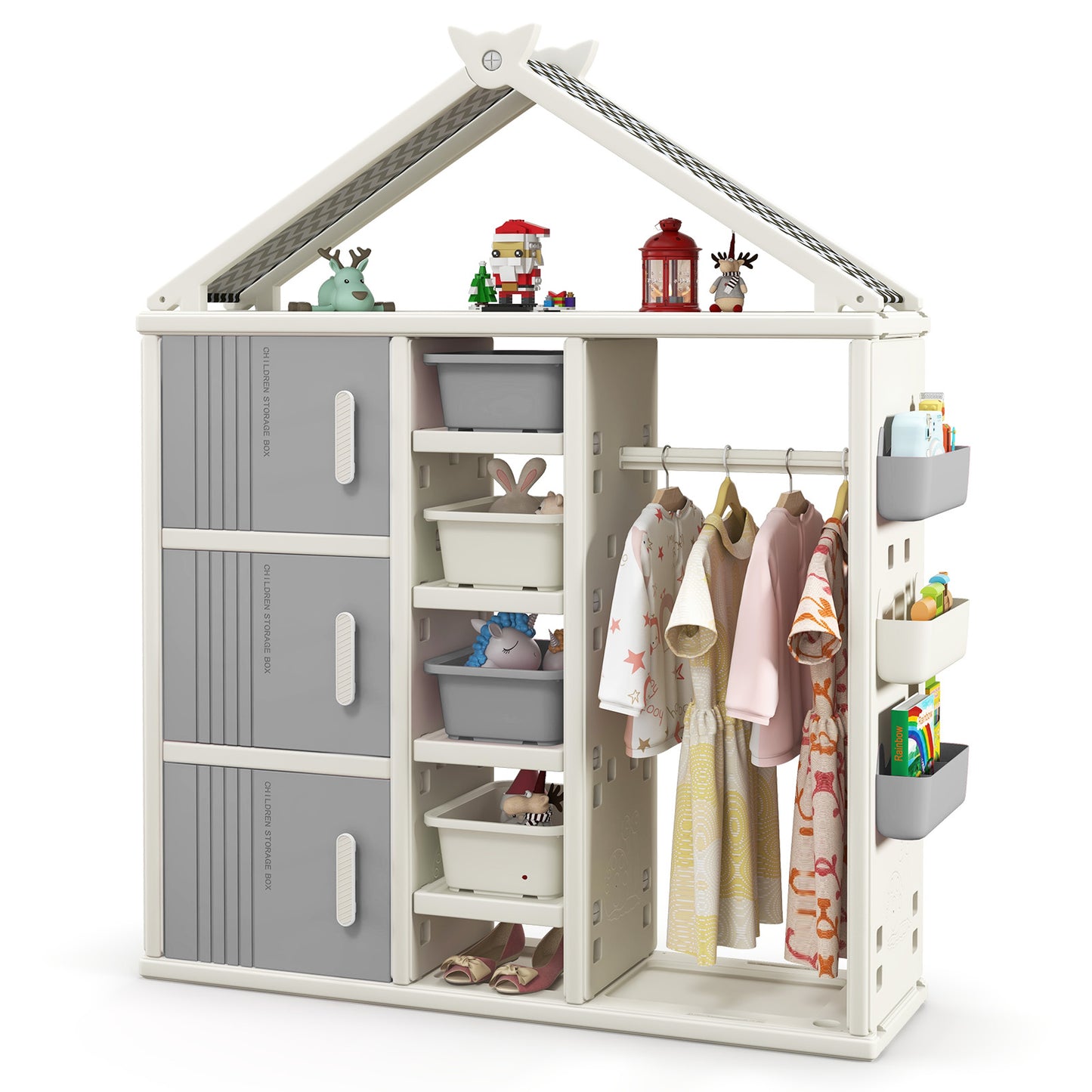 Kids Costume Storage Closet with Storage Bins and Shelves and Side Baskets for Kids Room-Gray Kids Crystal