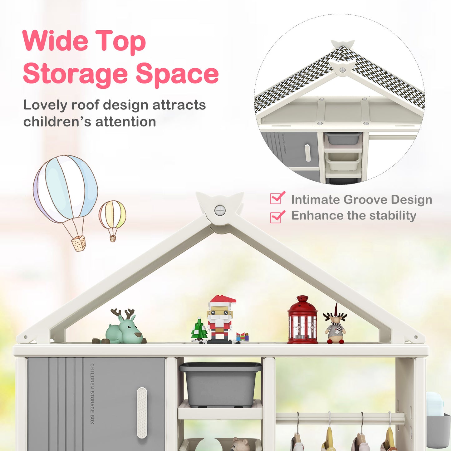 Kids Costume Storage Closet with Storage Bins and Shelves and Side Baskets for Kids Room-Gray Kids Crystal