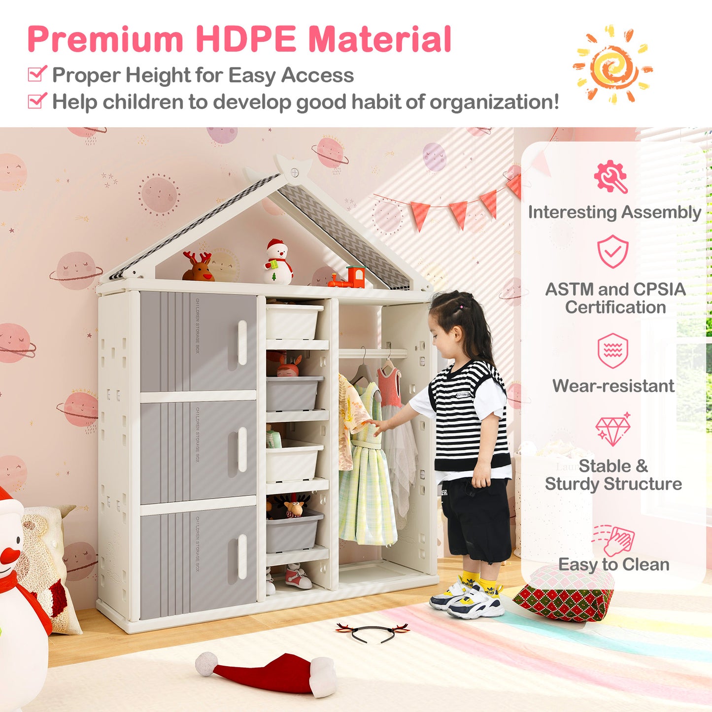Kids Costume Storage Closet with Storage Bins and Shelves and Side Baskets for Kids Room-Gray Kids Crystal