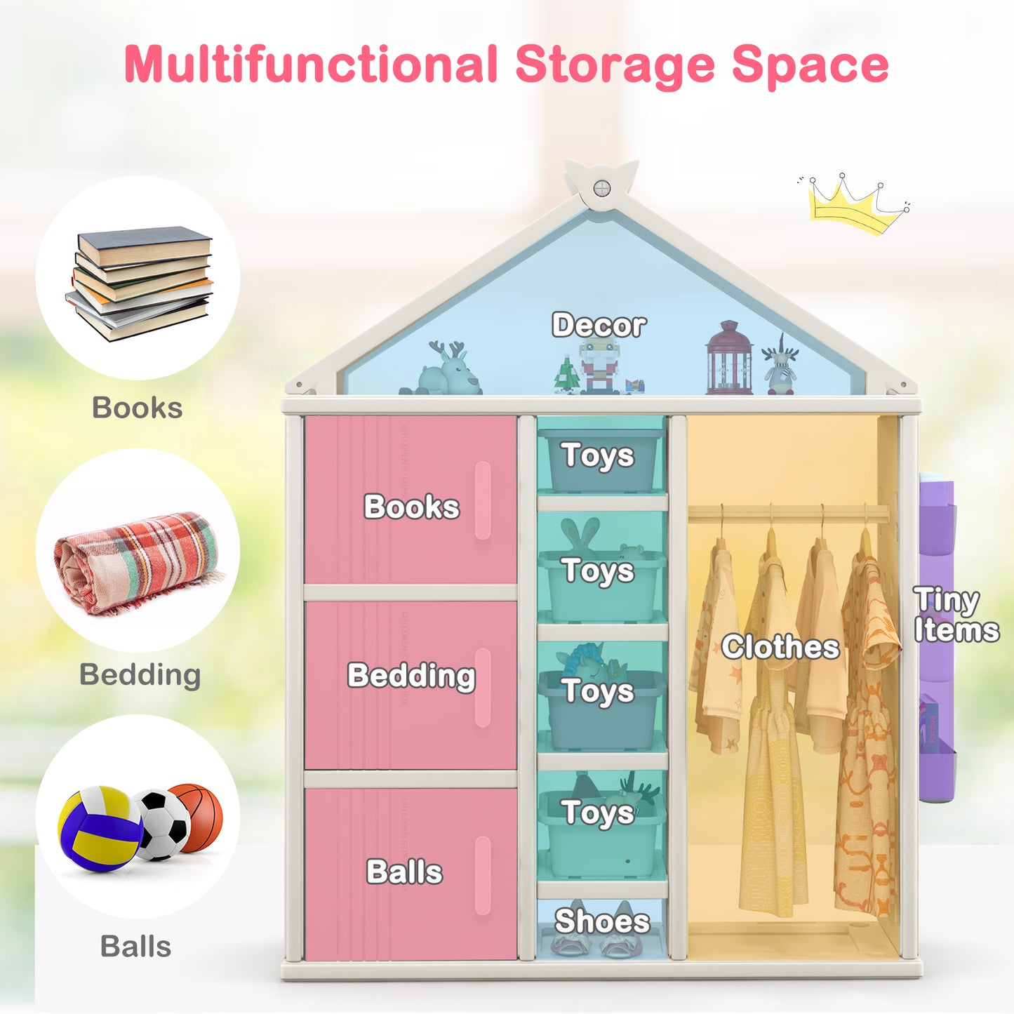 Kids Costume Storage Closet with Storage Bins and Shelves and Side Baskets for Kids Room-Gray Kids Crystal